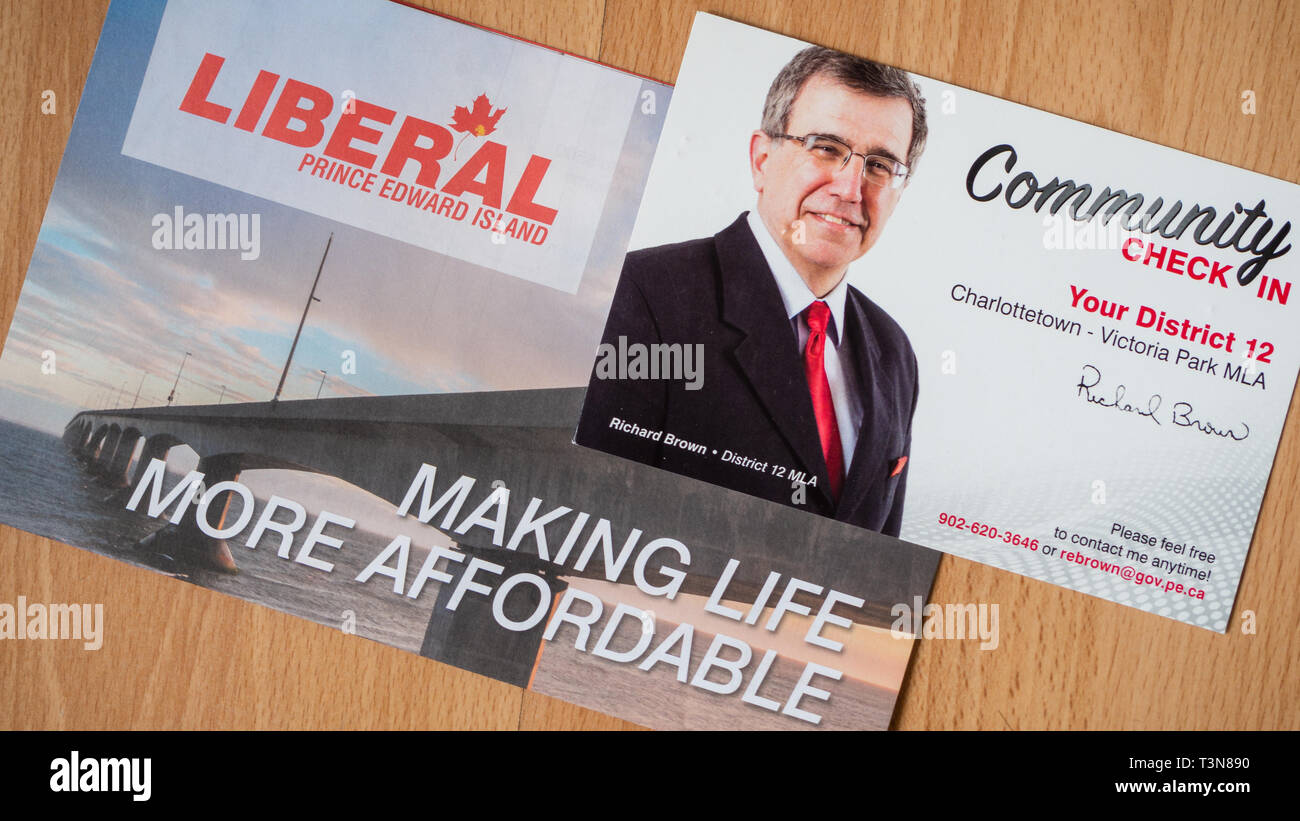 Politische Plattform und der Check in ab Richard Brown, Prince Edward Island liberalen Partei bei den Landtagswahlen 2019 Stockfoto