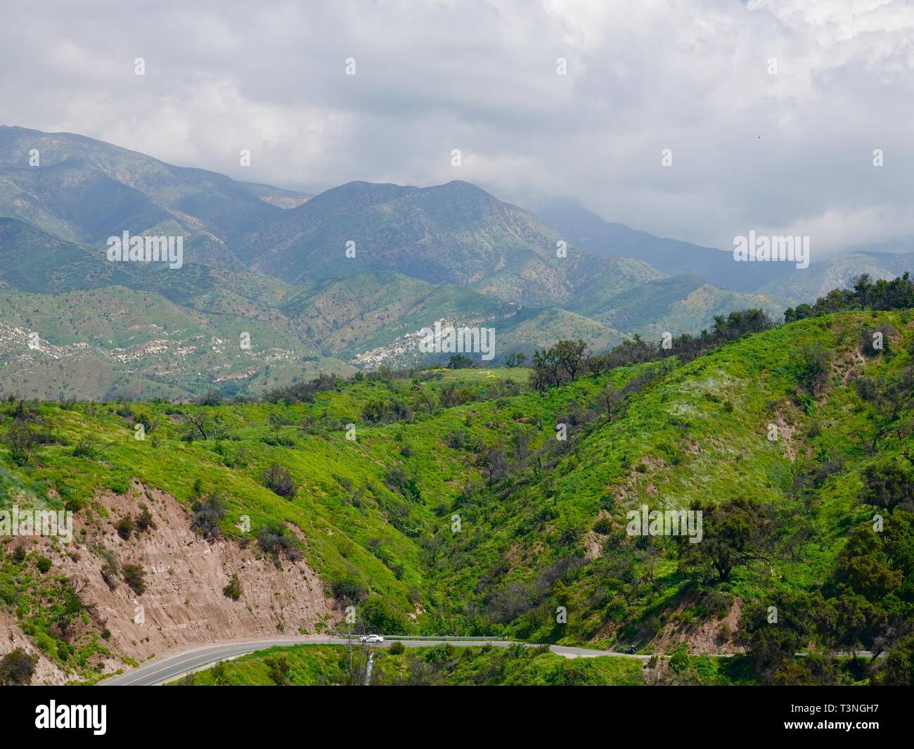 In Ojai Valley von oben mit dem Auto auf der Straße unten und üppigen Grün der Berge, Ventura County, Kalifornien, USA. Stockfoto