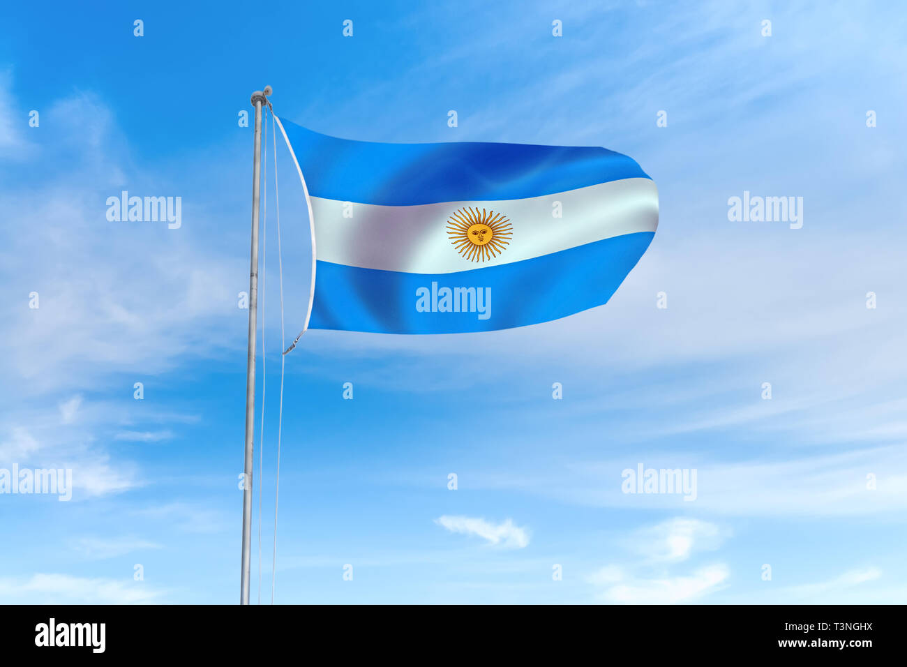 Argentinien Flagge weht im Wind über blauen Himmel Hintergrund Stockfoto