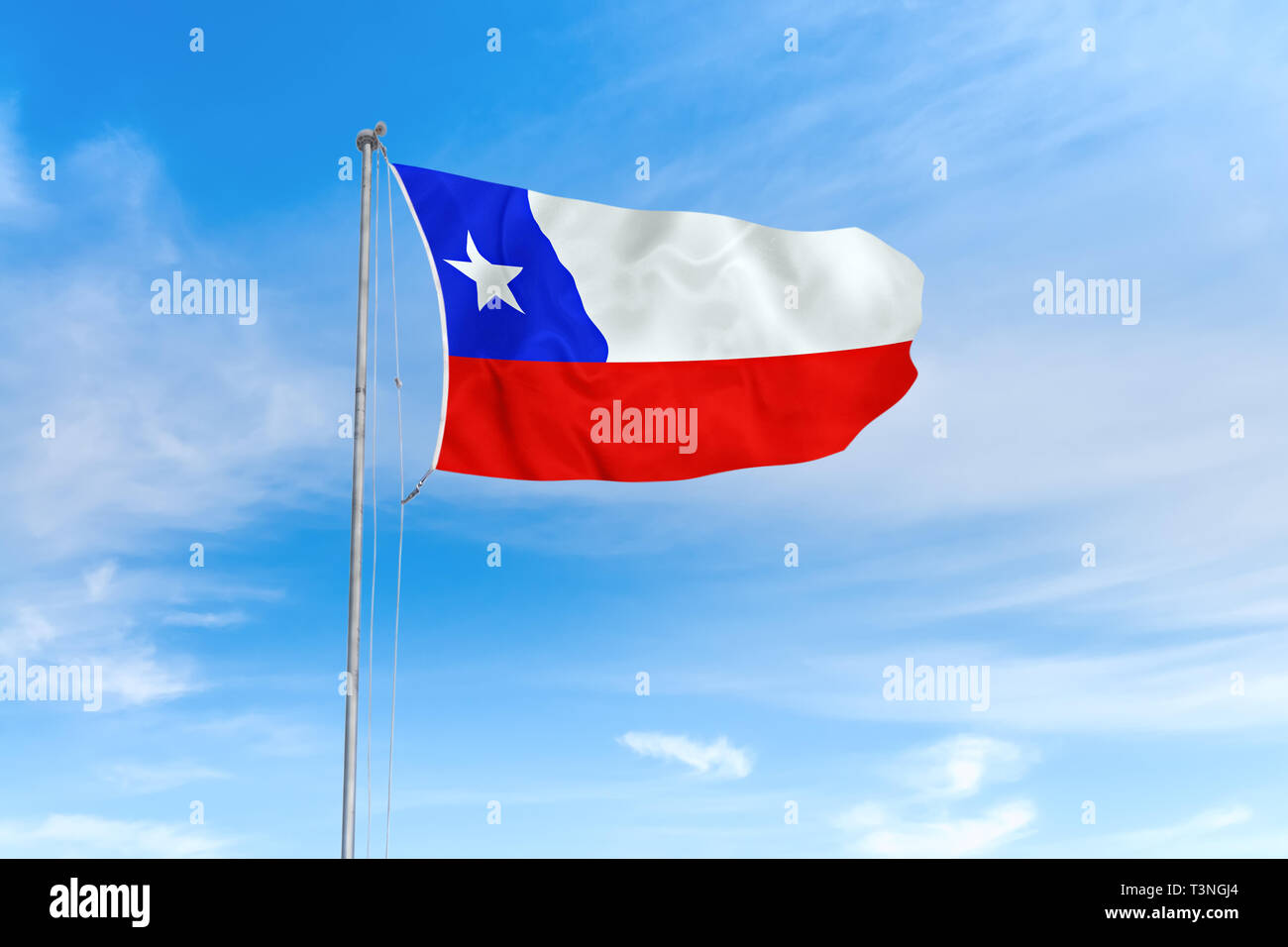 Chile Fahne weht im Wind über blauen Himmel Hintergrund Stockfoto
