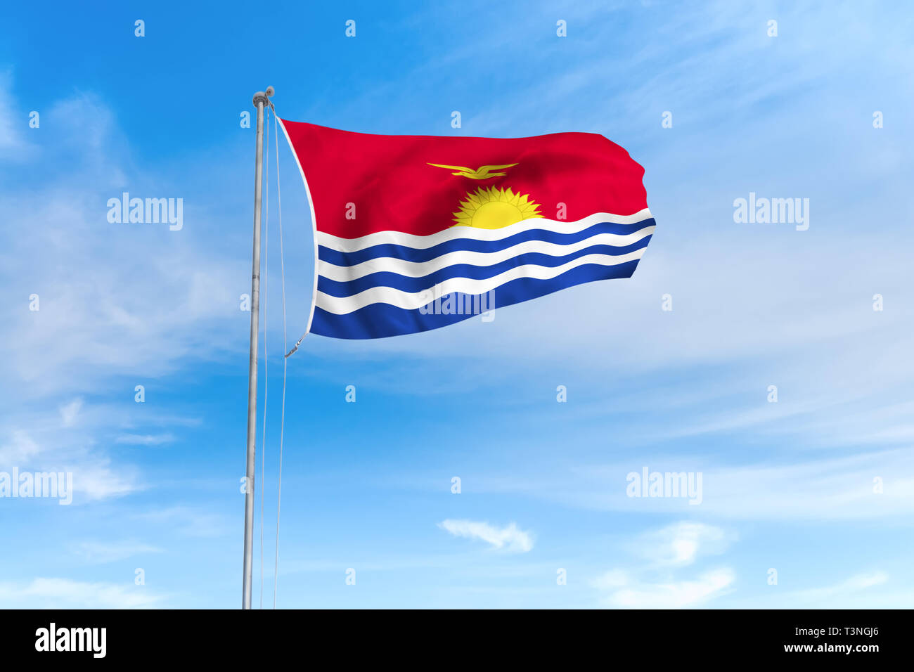 Kiribati Flagge weht im Wind über blauen Himmel Hintergrund Stockfoto
