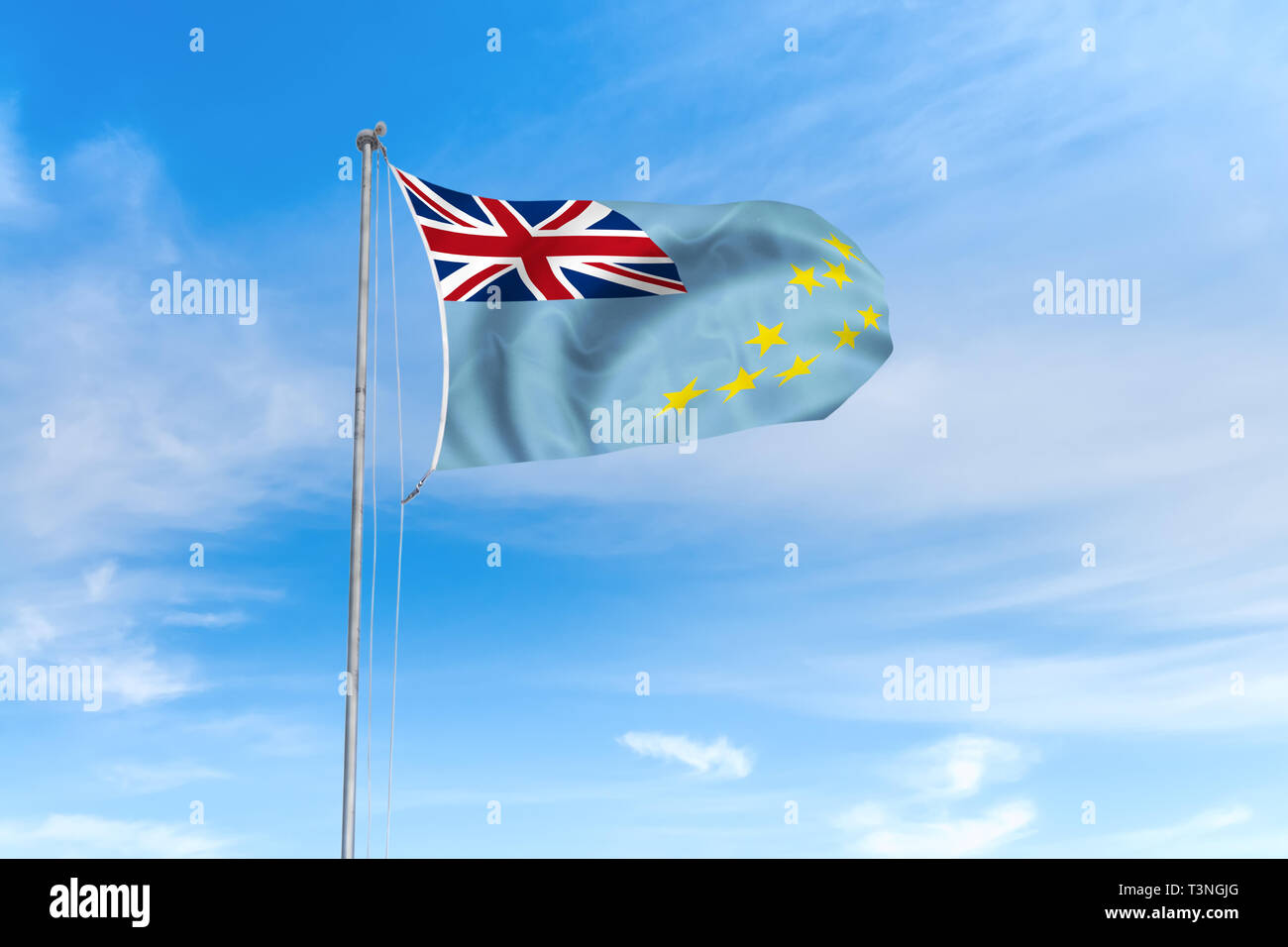 Tuvalu Flagge weht im Wind über blauen Himmel Hintergrund Stockfoto