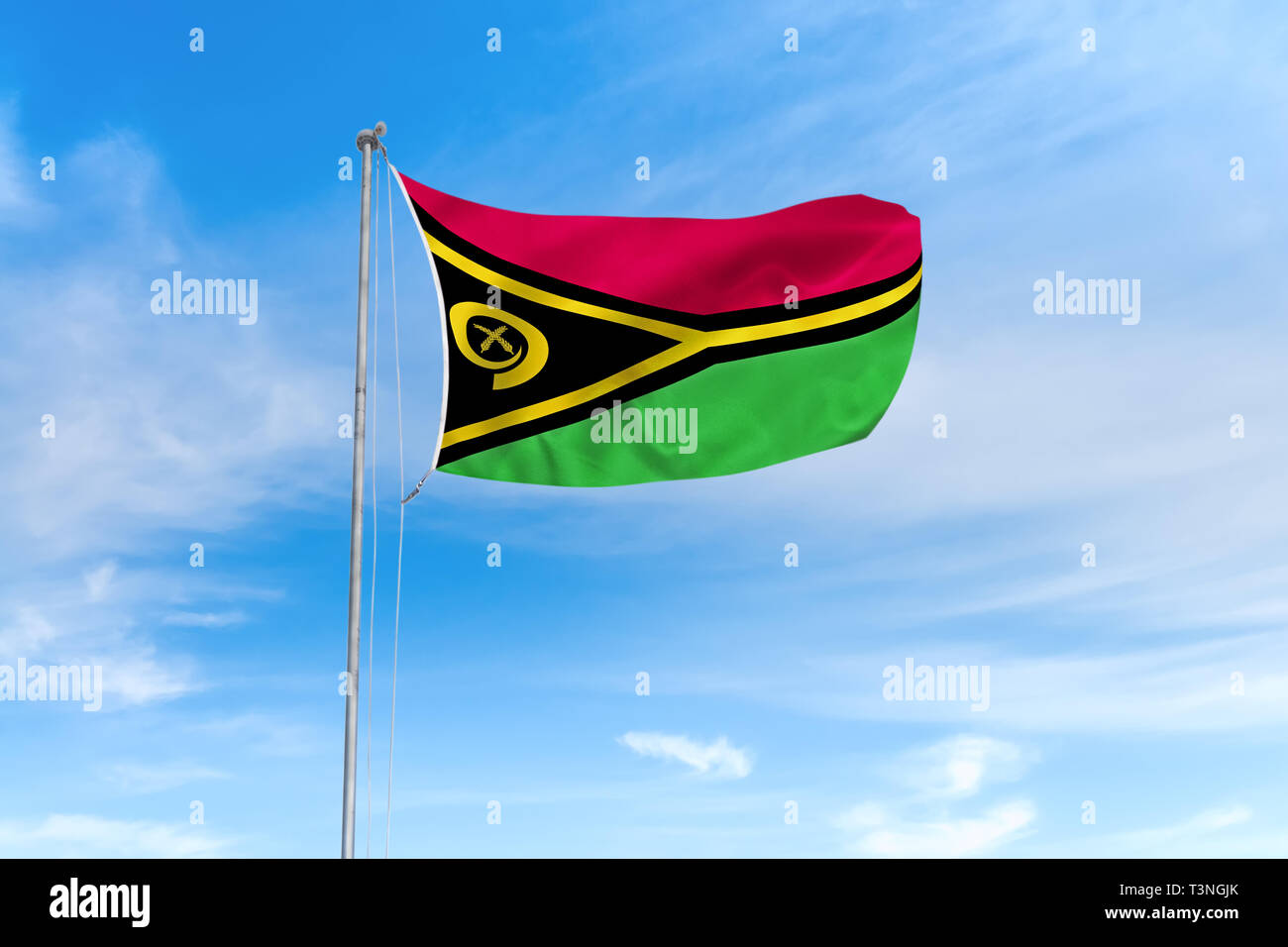 Vanuatu Flagge weht im Wind über blauen Himmel Hintergrund Stockfoto