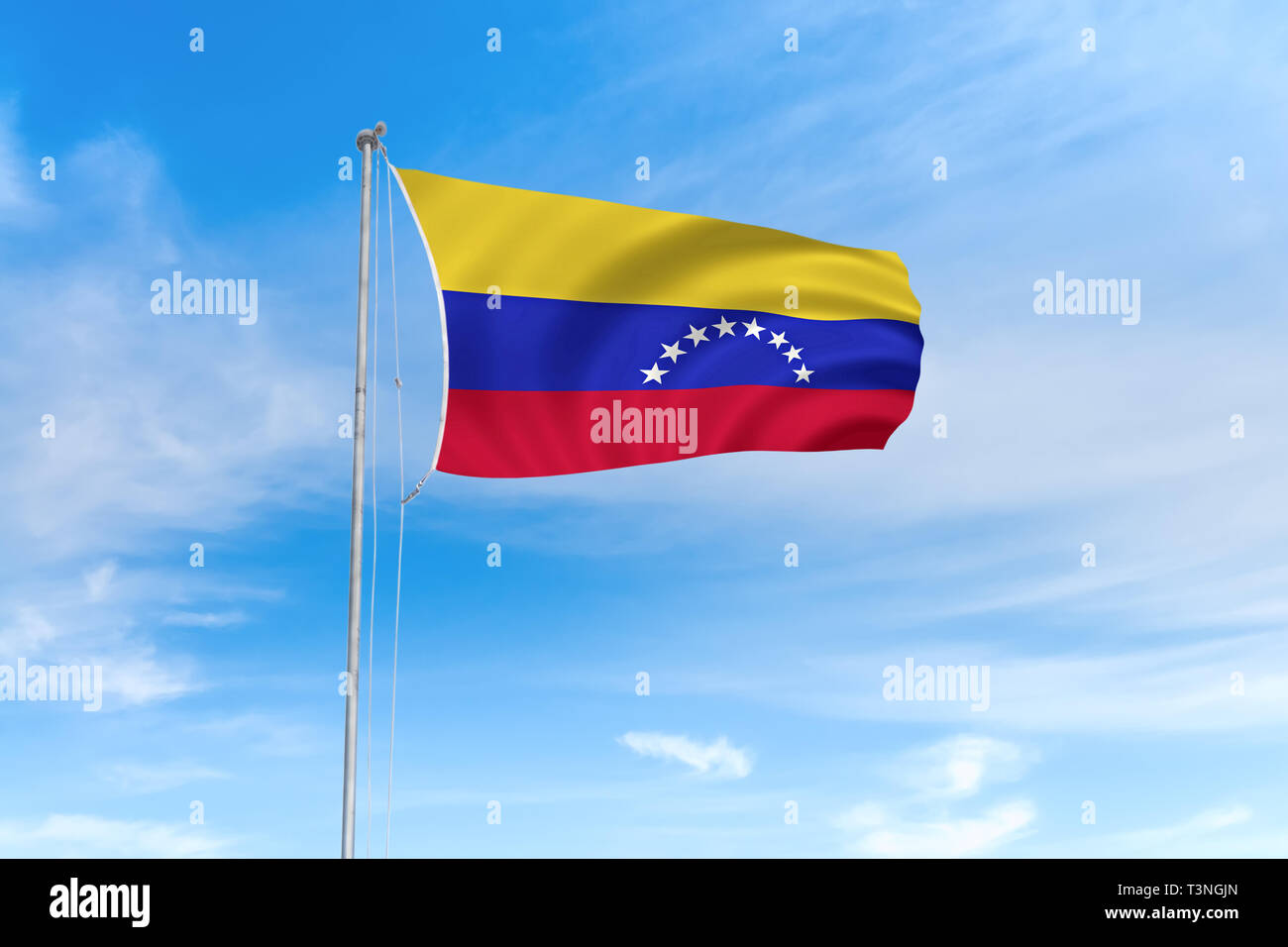 Venezuela Flagge weht im Wind über blauen Himmel Hintergrund Stockfoto