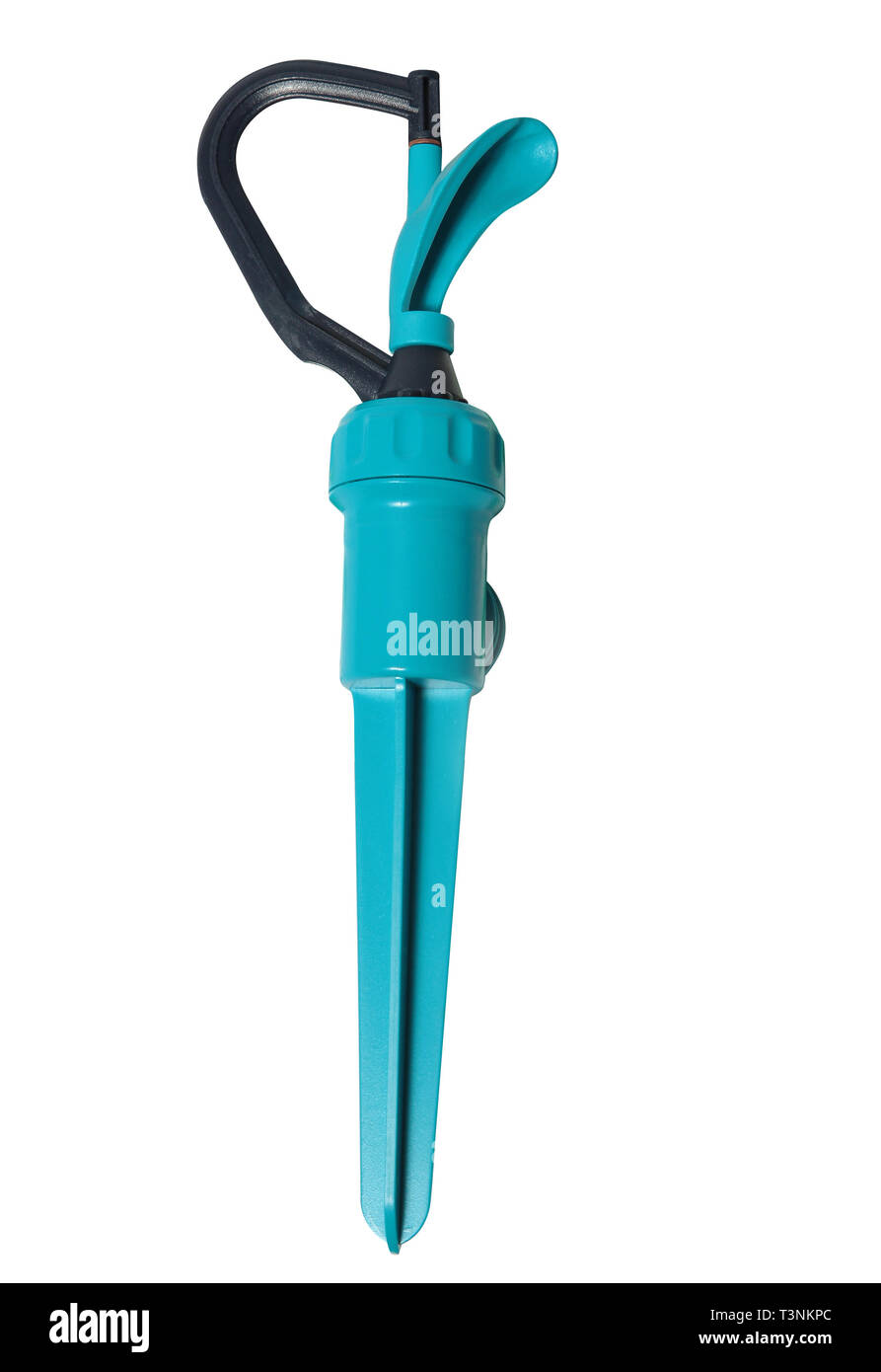 Kunststoff Düse bei einem Schlauch für automatische Sprinkler und Gartenschlauch. Garten Werkzeuge und Verbrauchsmaterialien für die Bewässerung Rasen und Gras. Auf weissem backgr Isoliert Stockfoto