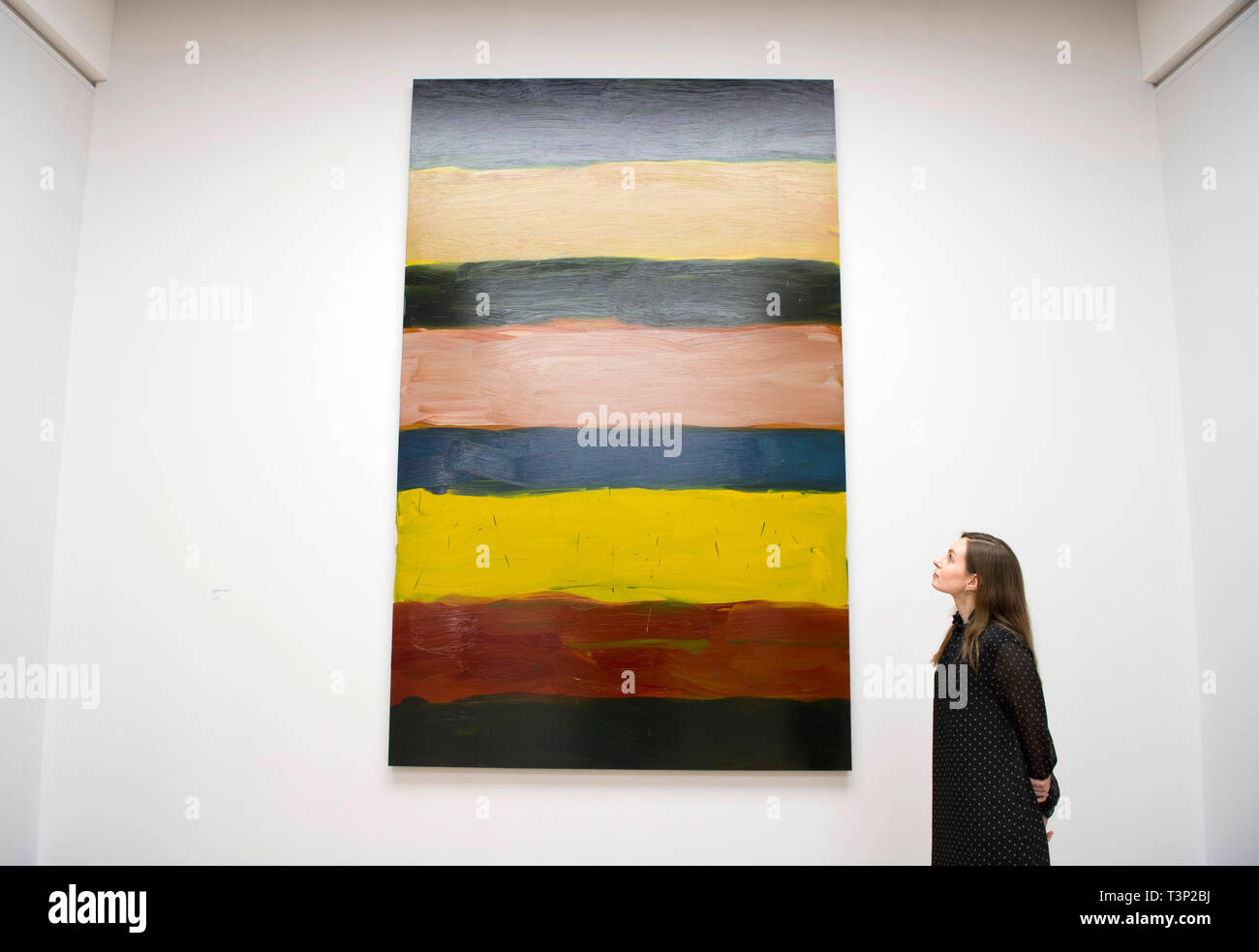 London, Großbritannien. 11 Apr, 2019. Der National Gallery neue Ausstellung Sea Star: Sean Scully an der Nationalen Galerie wird durch die nationale Sammlung inspiriert und seine Liebe zu den JMW Turner's Malerei der Evening Star (ca. 1830), er Charts eine persönliche Reise tiefer Bewunderung für Farbe, Zusammensetzung und die Kraft der Malerei. Bild mit Galerie Mitarbeiter. Bild: Festnetz China 8, 2018. Private Sammlung. Credit: Malcolm Park/Alamy leben Nachrichten Stockfoto