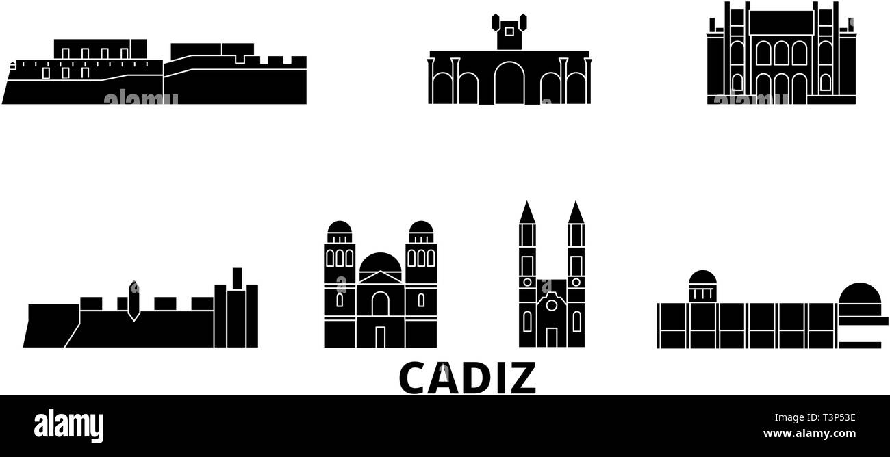 Spanien, Cadiz Flachbild reisen Skyline. Spanien, Cadiz schwarz Stadt Vektor-illustration, Symbol, Reisen, Sehenswürdigkeiten, Wahrzeichen. Stock Vektor