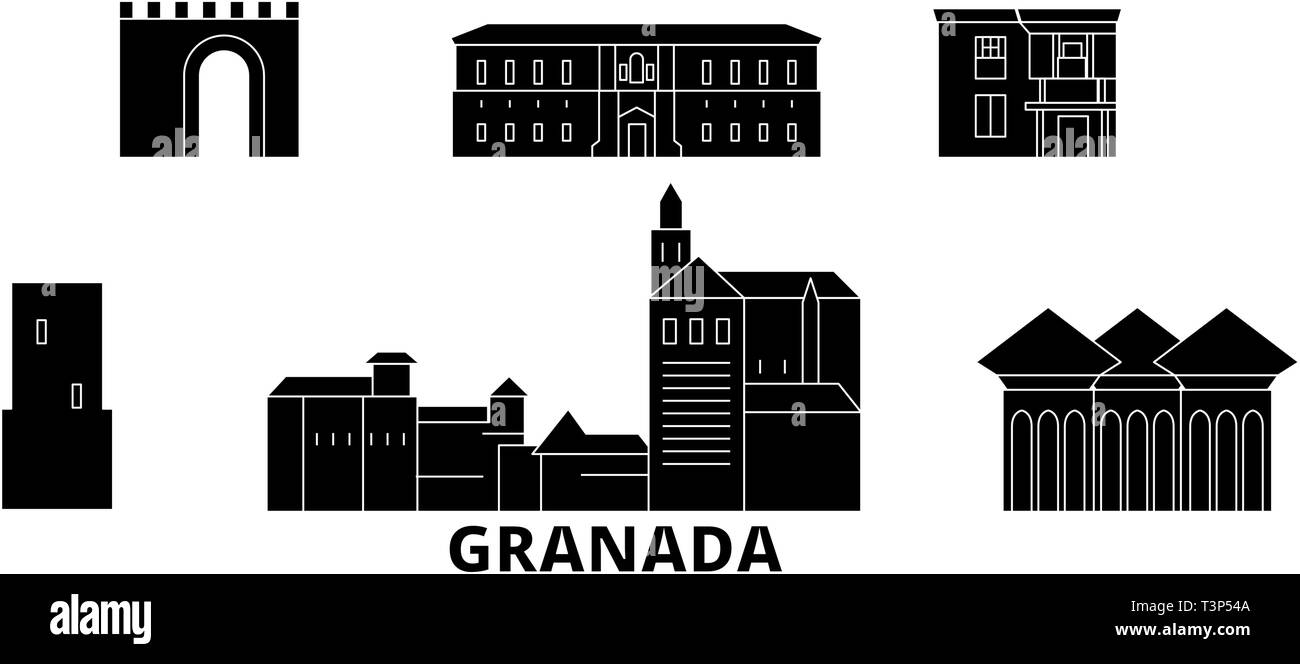 Spanien, Granada Flachbild reisen Skyline. Spanien, Granada schwarz Stadt Vektor-illustration, Symbol, Reisen, Sehenswürdigkeiten, Wahrzeichen. Stock Vektor