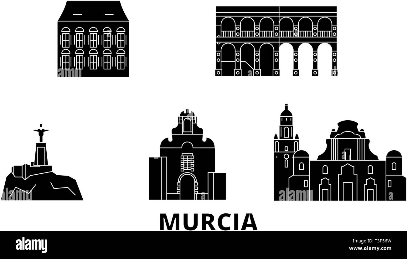 Spanien, Murcia Wohnung reisen Skyline. Spanien, Murcia schwarz Stadt Vektor-illustration, Symbol, Reisen, Sehenswürdigkeiten, Wahrzeichen. Stock Vektor