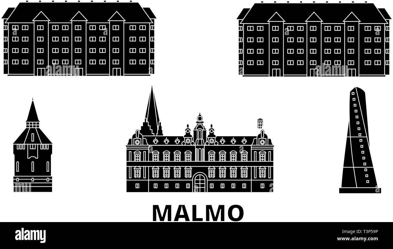 Schweden, Malmö Flachbild reisen Skyline. Schweden, Malmö schwarz Stadt Vektor-illustration, Symbol, Reisen, Sehenswürdigkeiten, Wahrzeichen. Stock Vektor