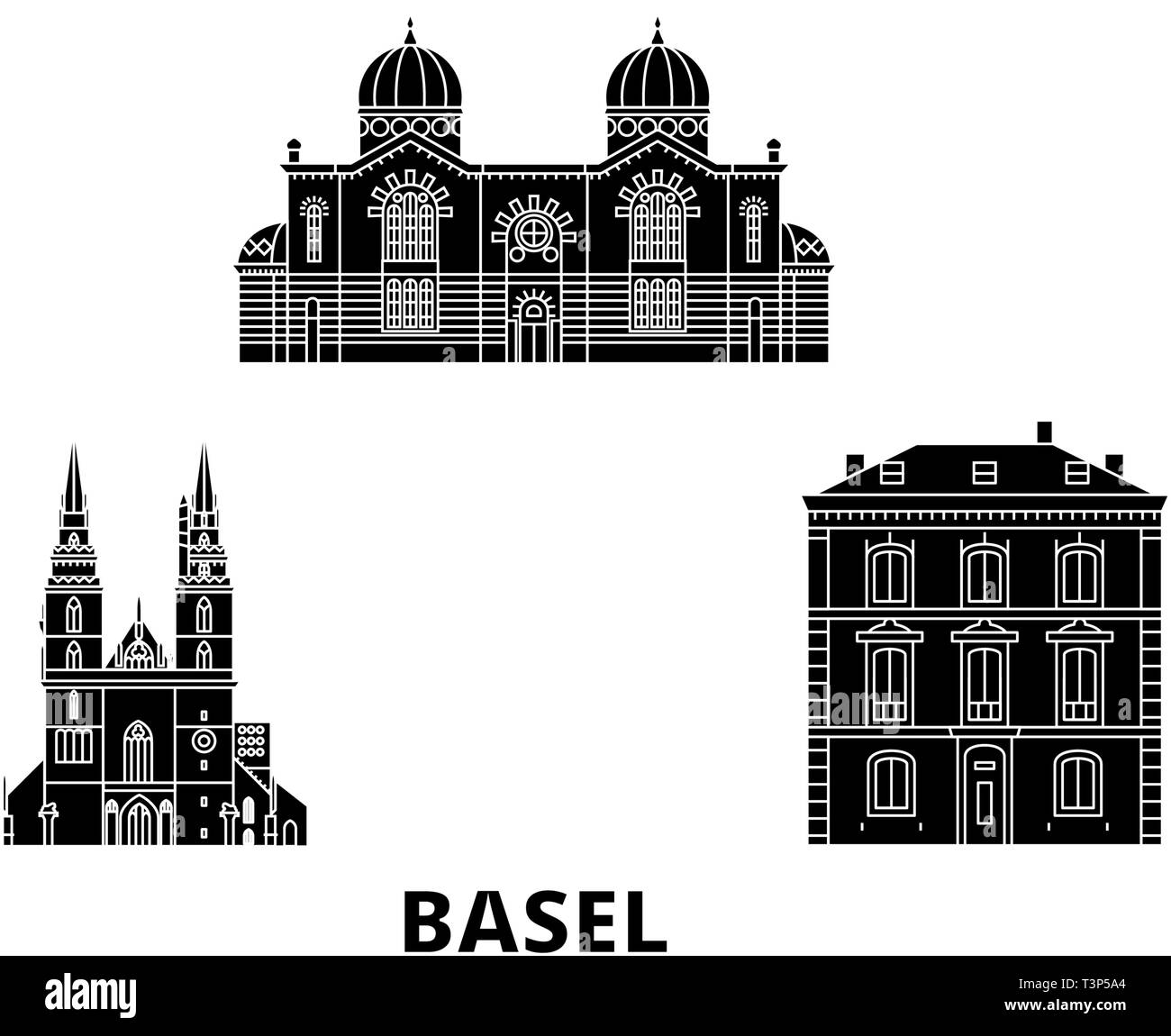 Schweiz, Basel Flachbild reisen Skyline. Schweiz, Basel schwarz Stadt Vektor-illustration, Symbol, Reisen, Sehenswürdigkeiten, Wahrzeichen. Stock Vektor
