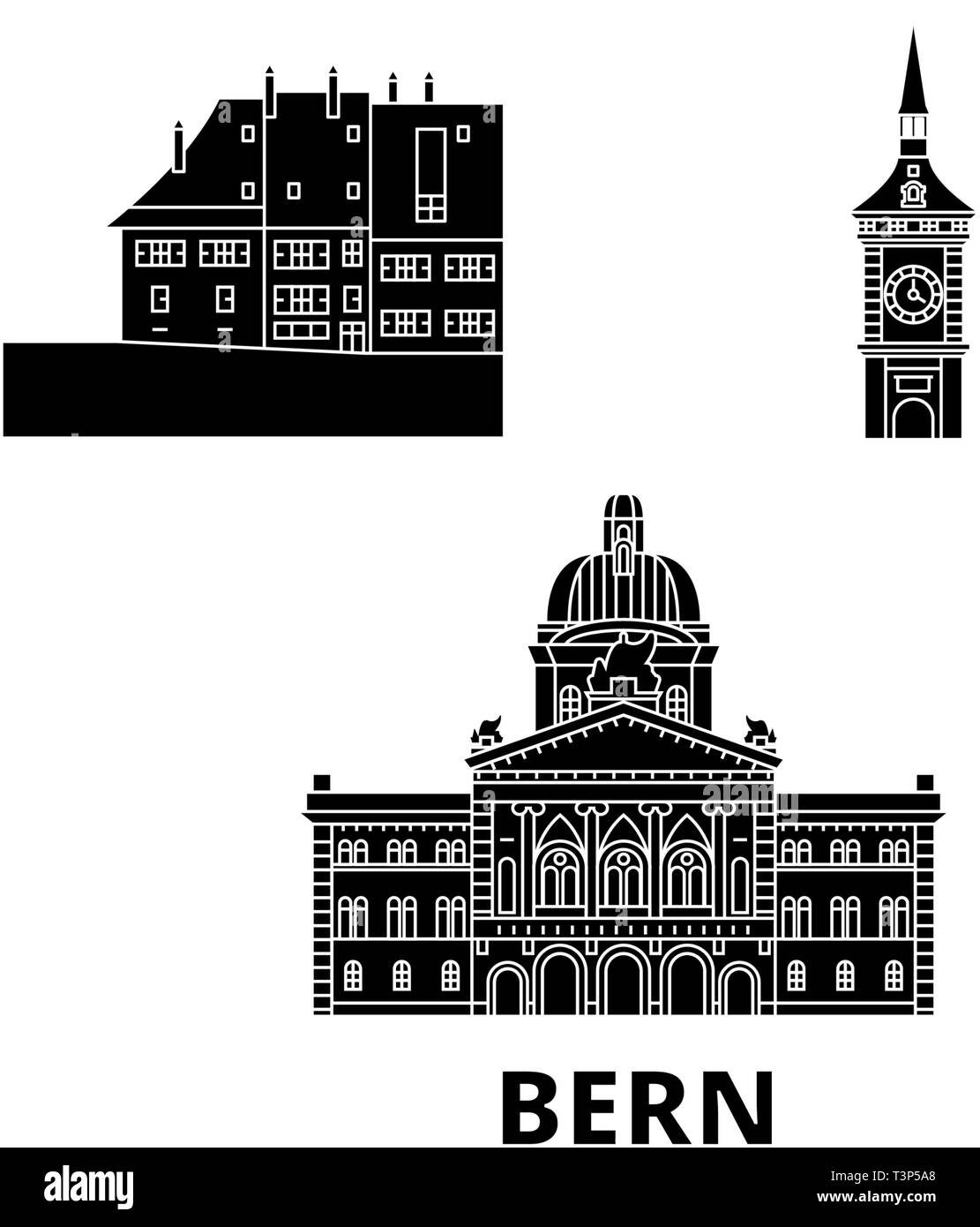 Schweiz, Bern Flachbild reisen Skyline. Schweiz, Bern schwarz Stadt Vektor-illustration, Symbol, Reisen, Sehenswürdigkeiten, Wahrzeichen. Stock Vektor