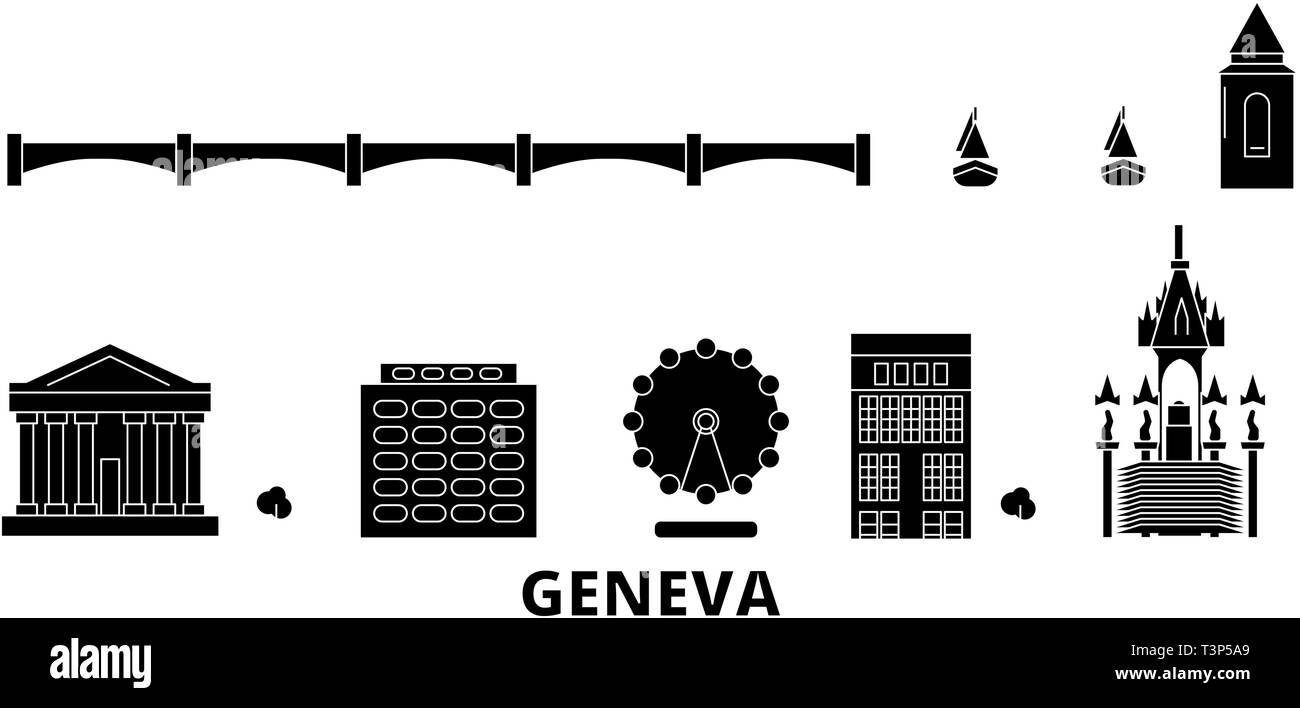 Schweiz, Genf Flachbild reisen Skyline. Schweiz, Genf schwarze Stadt Vektor-illustration, Symbol, Reisen, Sehenswürdigkeiten, Wahrzeichen. Stock Vektor