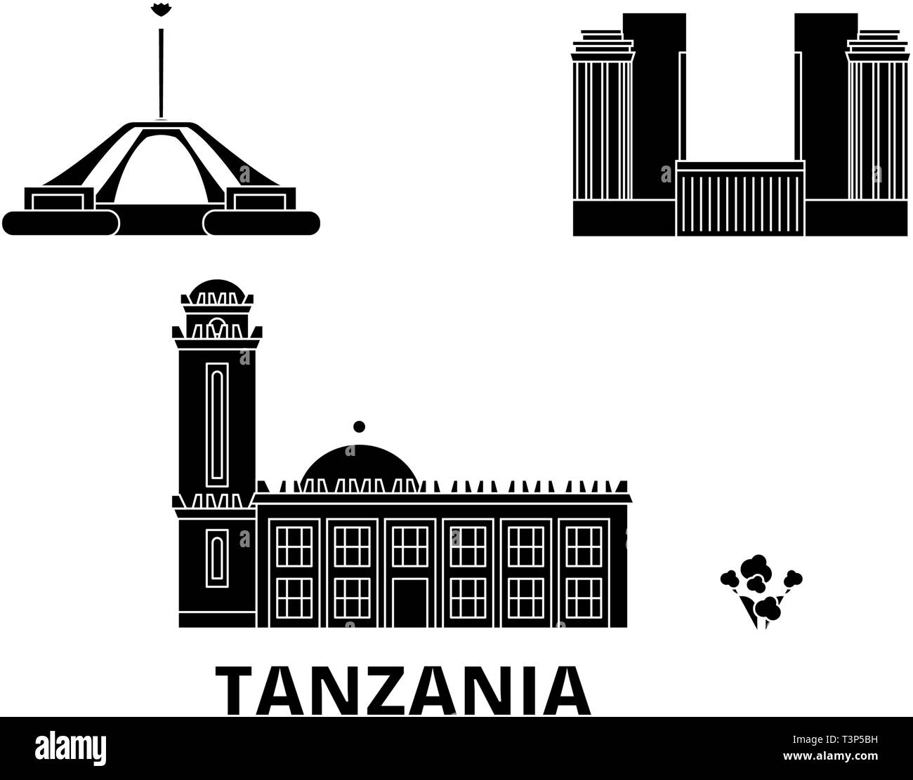 Tansania Flachbild reisen Skyline. Tansania schwarz Stadt Vektor-illustration, Symbol, Reisen, Sehenswürdigkeiten, Wahrzeichen. Stock Vektor