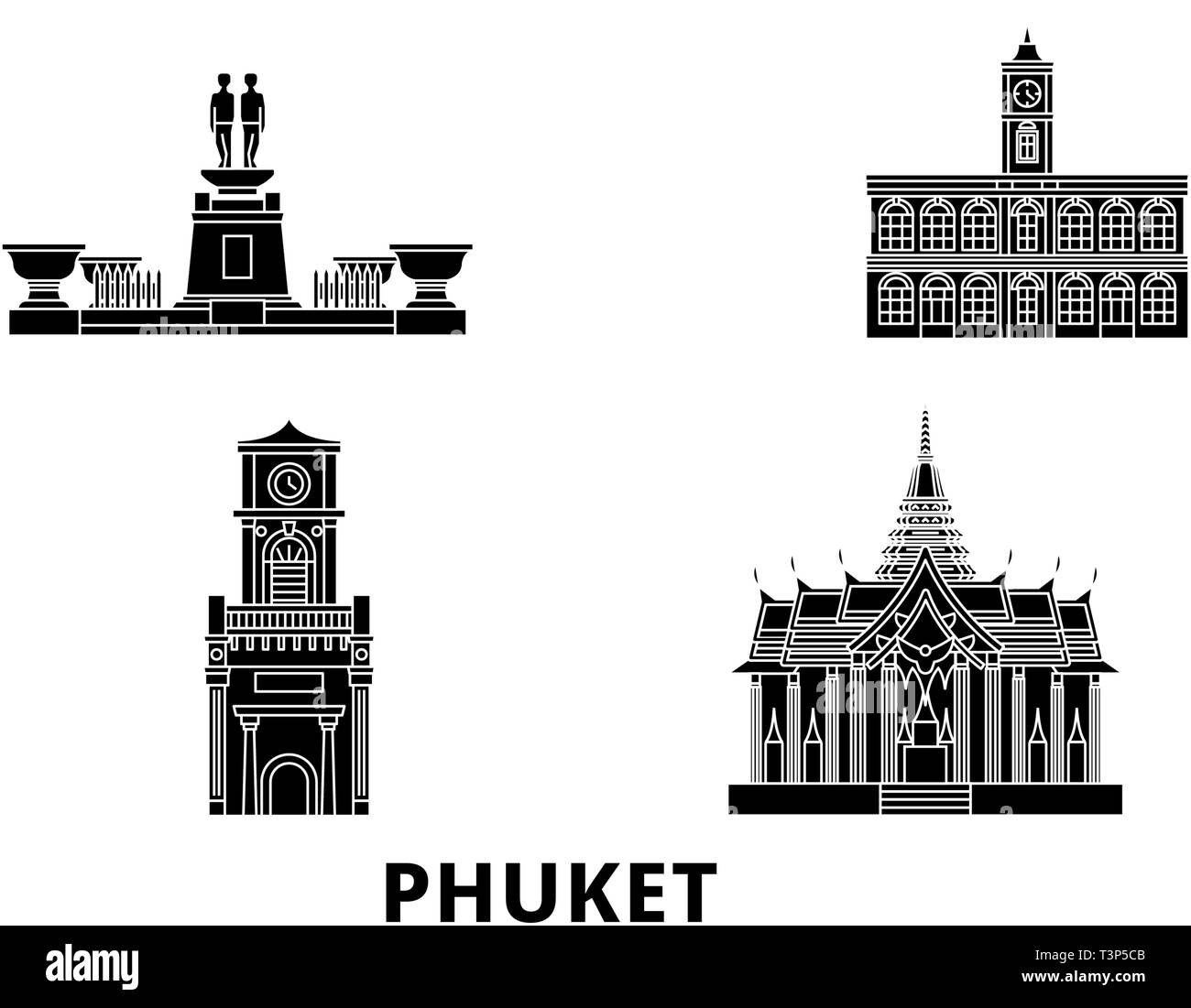 Thailand, Phuket Flachbild reisen Skyline. Thailand, Phuket schwarz Stadt Vektor-illustration, Symbol, Reisen, Sehenswürdigkeiten, Wahrzeichen. Stock Vektor