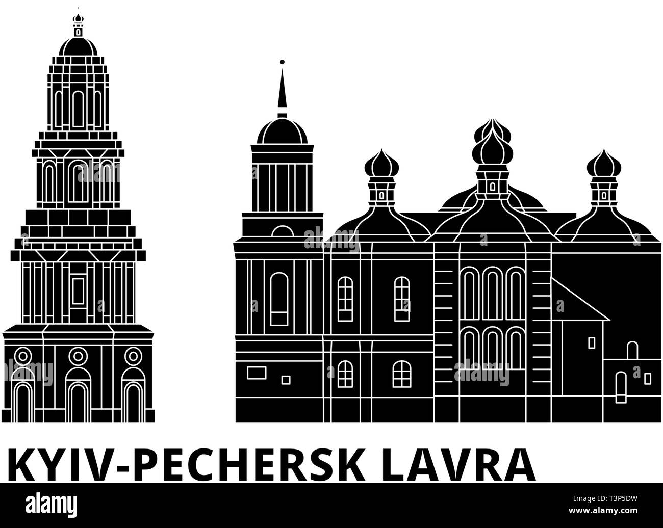 Ukraine, Kiew, Pechersk Lavra Flachbild reisen Skyline. Ukraine, Kiew, Pechersk Lavra schwarz Stadt Vektor-illustration, Symbol, Reisen, Sehenswürdigkeiten, Wahrzeichen. Stock Vektor