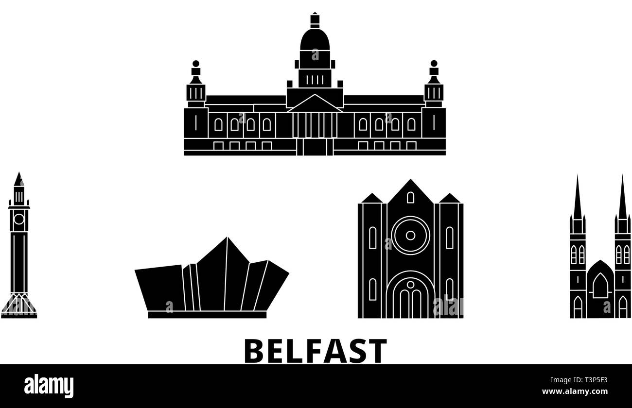 Vereinigtes Königreich, Belfast Flachbild reisen Skyline. Vereinigtes Königreich, Belfast schwarz Stadt Vektor-illustration, Symbol, Reisen, Sehenswürdigkeiten, Wahrzeichen. Stock Vektor