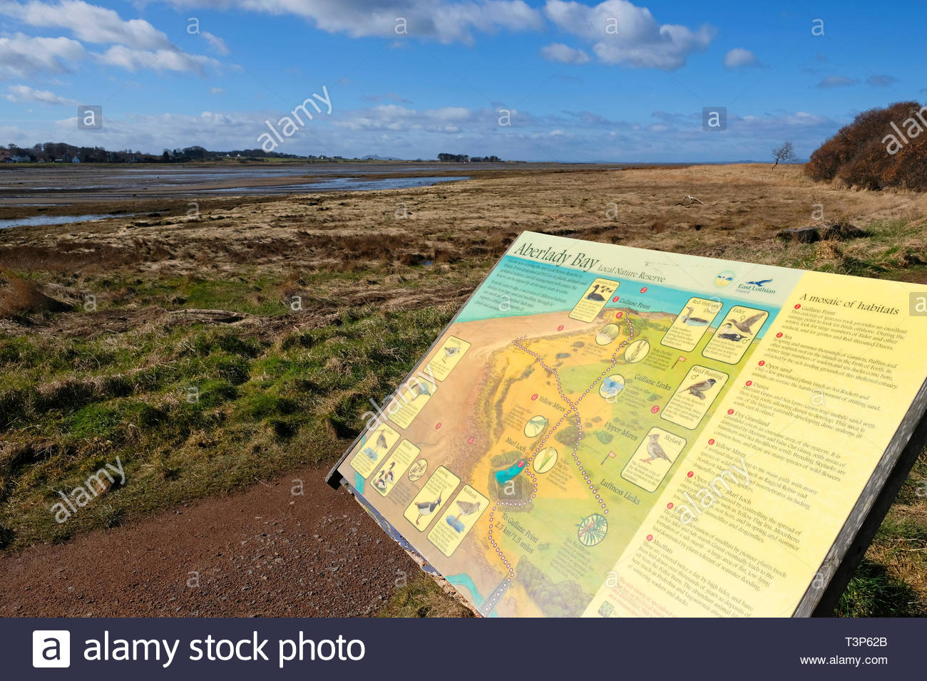 Besucherinformationsbrett, Aberlady Bay Nature Reserve, East Lothian, Schottland Stockfoto
