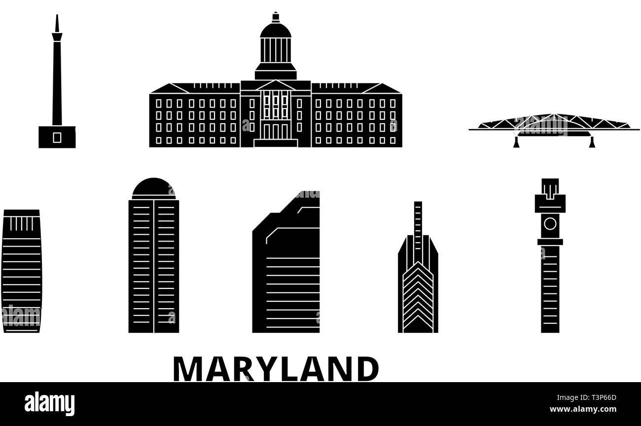 Usa, Maryland Flachbild reisen Skyline. Usa, Maryland schwarz Stadt Vektor-illustration, Symbol, Reisen, Sehenswürdigkeiten, Wahrzeichen. Stock Vektor