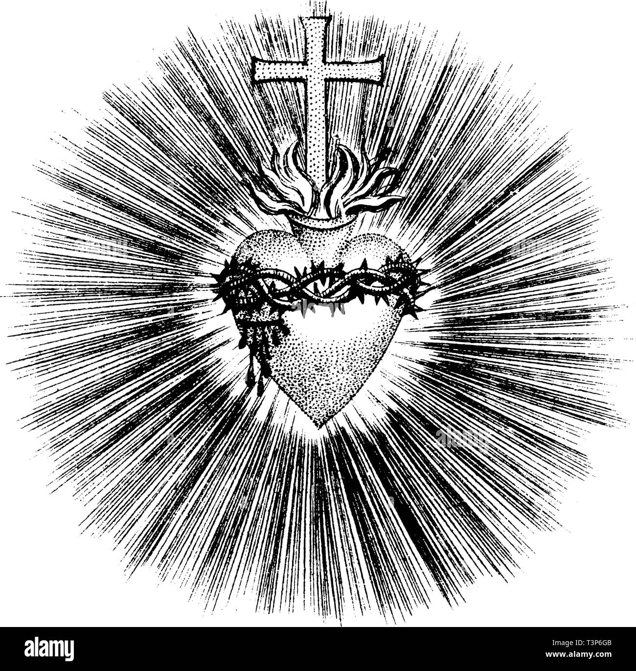 Antike Vektorzeichnung oder Gravur von klassischen grunge Vintage dekorative Abbildung des christlichen Herzen mit Kreuz, Flammen und Dornenkrone. Von Buch sterben Betrubte und noch ihrem beliebten Geussende Turteltaube, in Prag gedruckt, Österreich, 1716. Stock Vektor