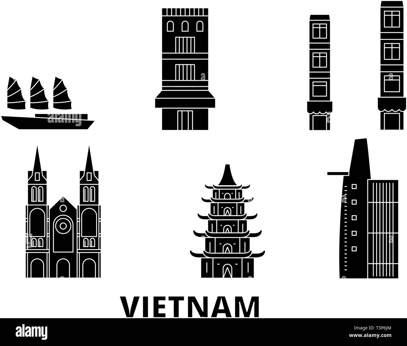 Vietnam Flachbild reisen Skyline. Vietnam schwarz Stadt Vektor-illustration, Symbol, Reisen, Sehenswürdigkeiten, Wahrzeichen. Stock Vektor