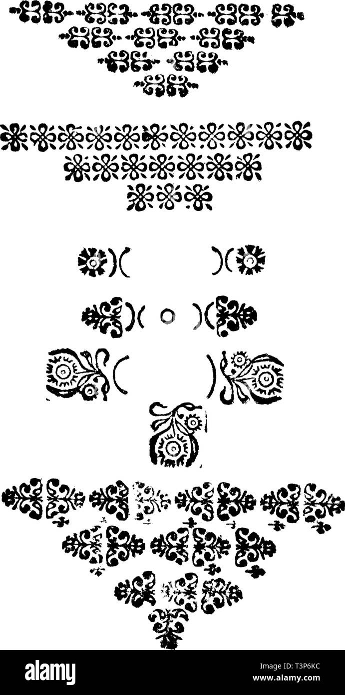Satz von Antiken Vektorzeichnungen oder Gravur von Grunge classic Vintage dekoratives florale Dessins, horizontale Trennlinien und Seitennummerierung. Aus Buch sterben Betrubte und noch ihrem beliebten Geussende Turteltaube, in Prag gedruckt, Österreich, 1716. Stock Vektor