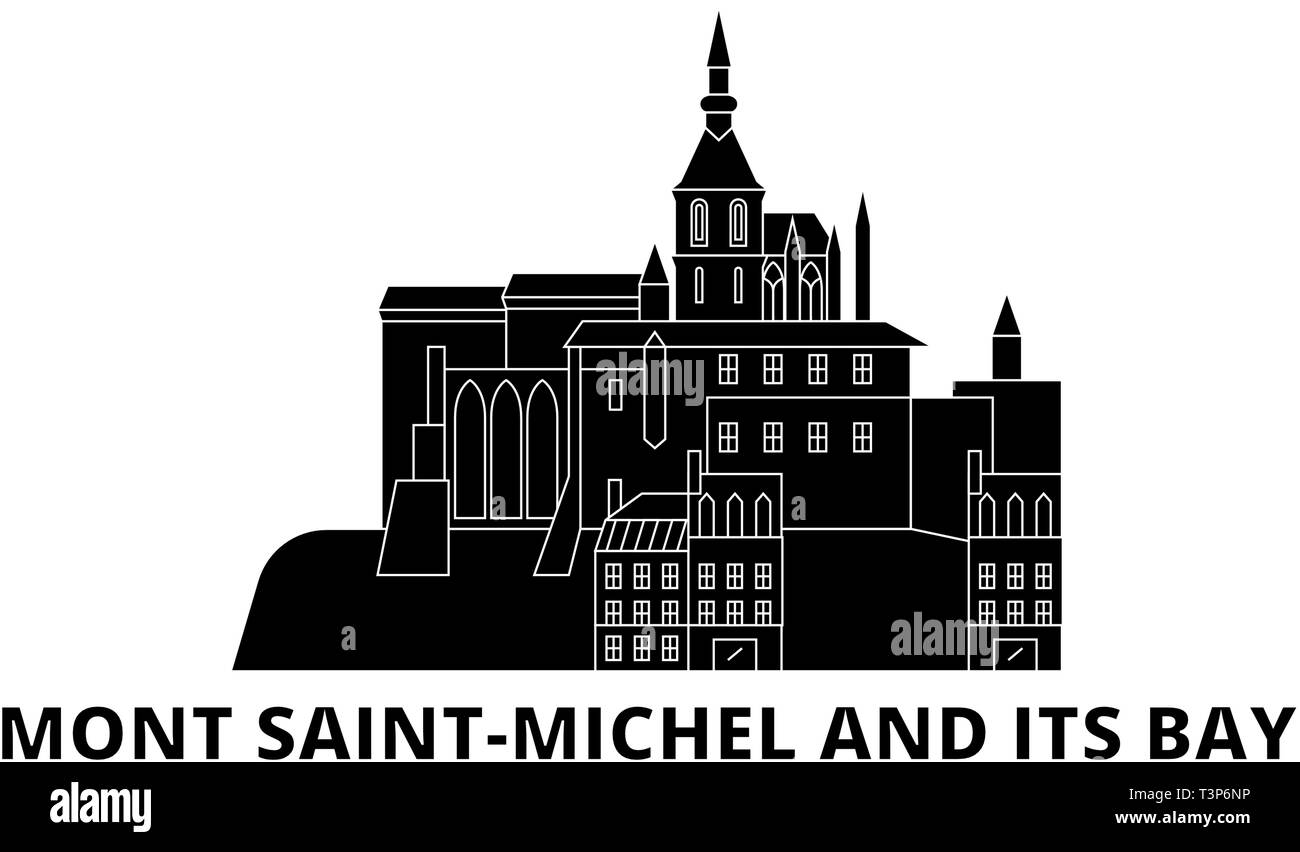Frankreich, Mont Saint Michel und seine Bucht Wahrzeichen Flachbild reisen Skyline. Frankreich, Mont Saint Michel und seine Bucht schwarz Sehenswürdigkeit Stadt Vector Illustration Stock Vektor