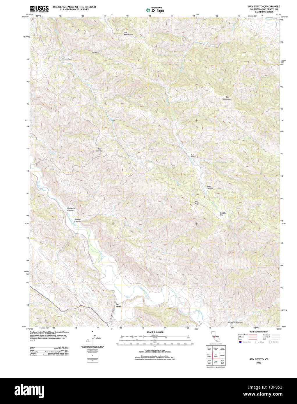 USGS TOPO Karte Kalifornien CA San Benito 20120306 TM Wiederherstellung Stockfoto