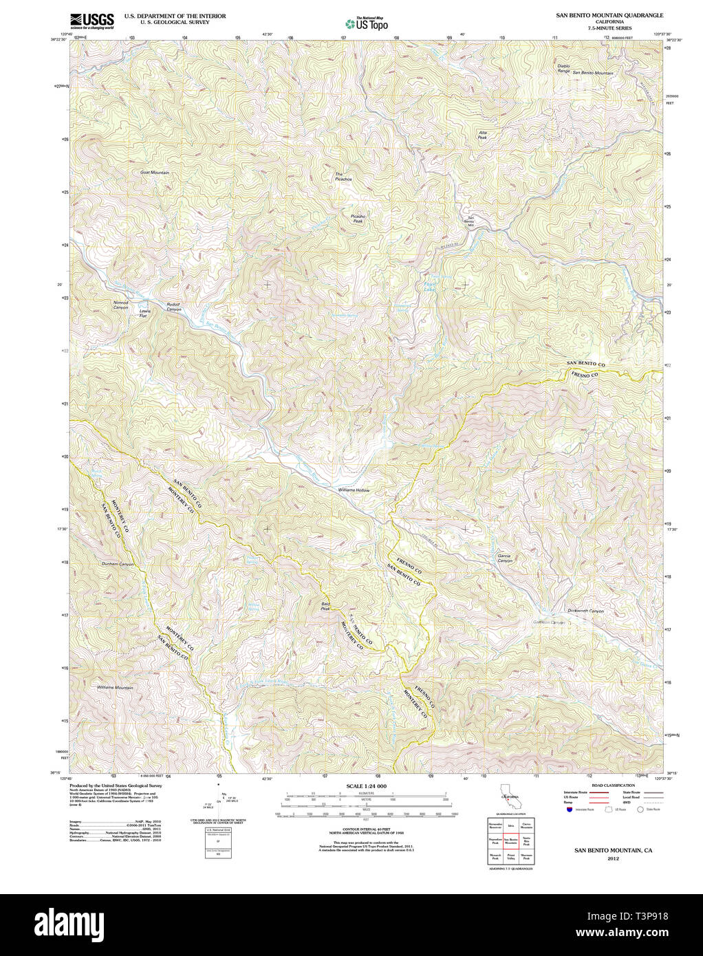 USGS TOPO Karte Kalifornien CA San Benito Berg 20120222 TM Wiederherstellung Stockfoto