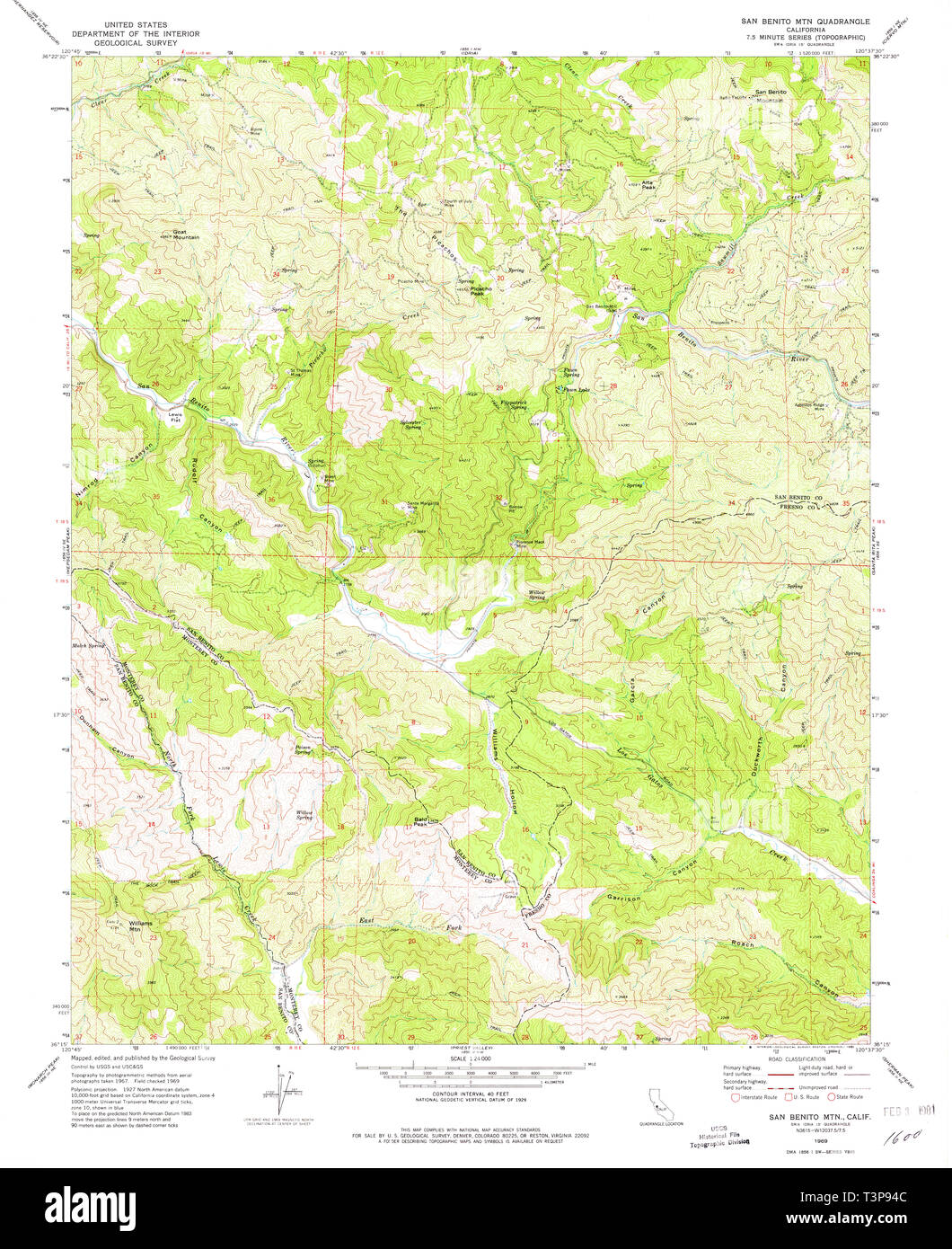USGS TOPO Karte Kalifornien CA San Benito Mtn 294947 1969 24000 Wiederherstellung Stockfoto