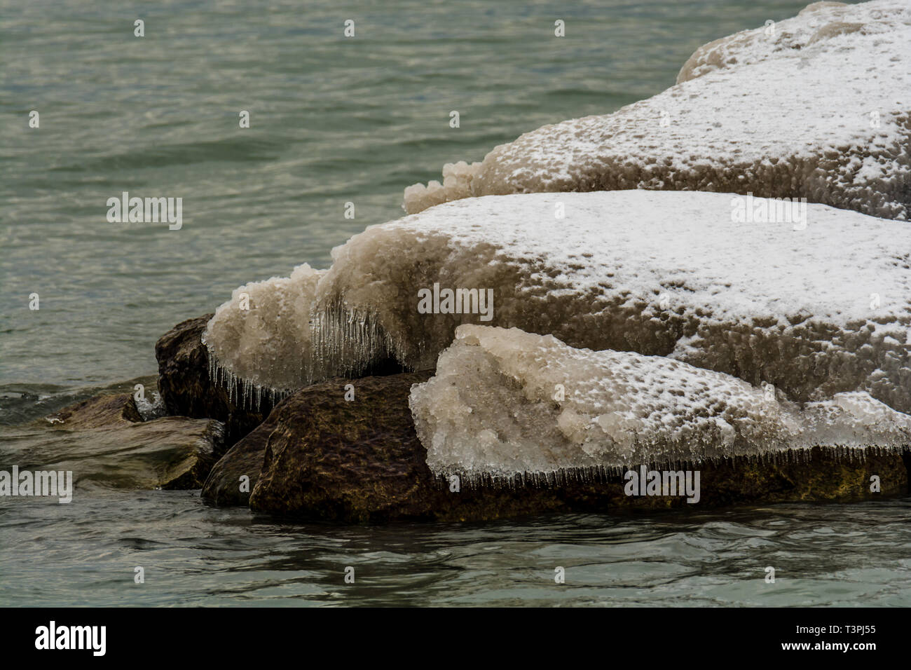 Nahaufnahme der See Rock in Eis und Schnee Stockfoto