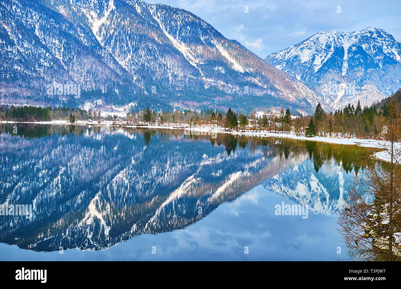 Reflexion im Spiegel der Hallstätter See (See) Der verschneite Bank von Obertraun Dorf, mit Nadelwald und Dachstein Alpen auf Th abgedeckt Stockfoto