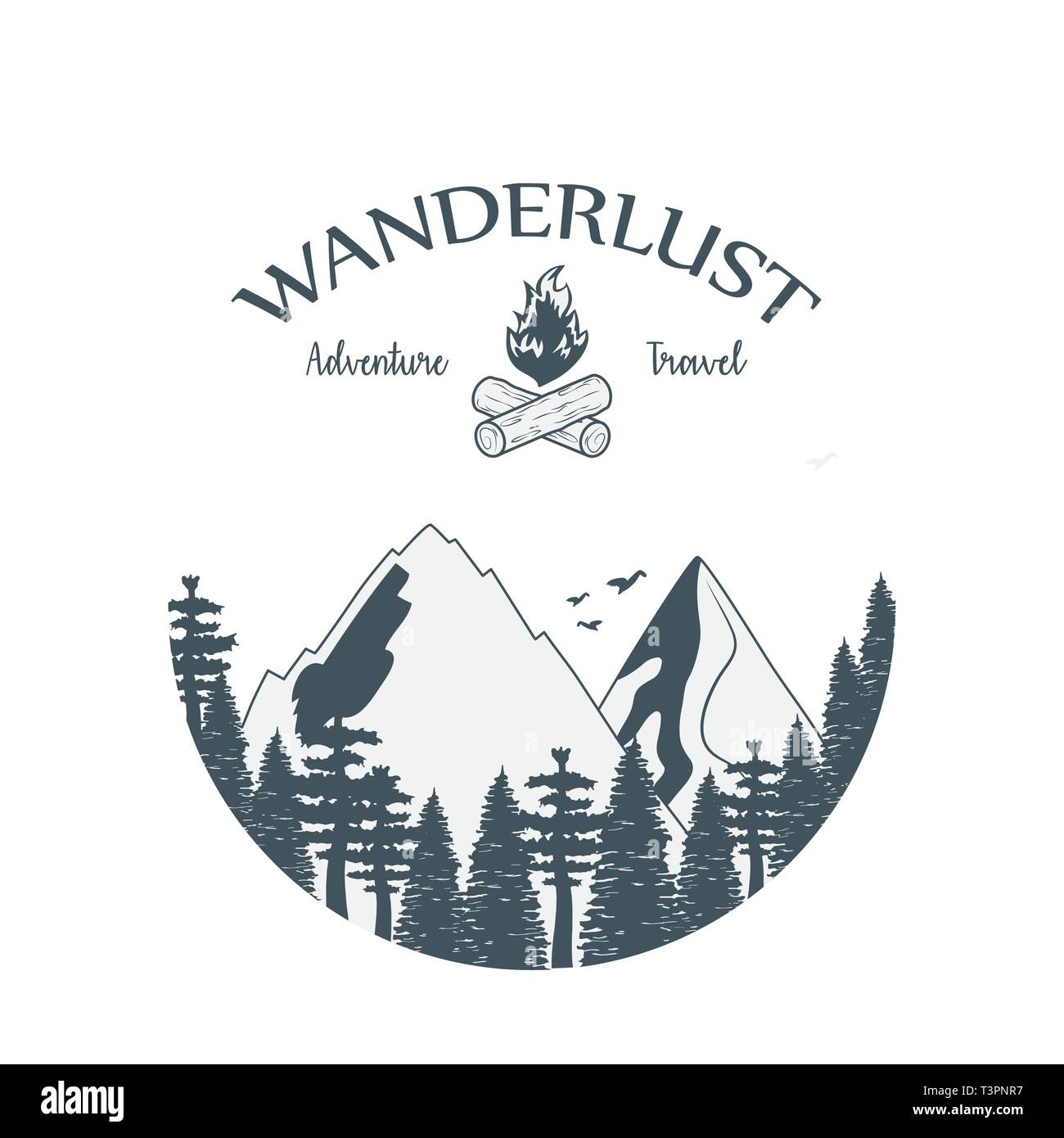 Wanderlust Label mit Wald Szene und Lagerfeuer Vector Illustration Design Stock Vektor