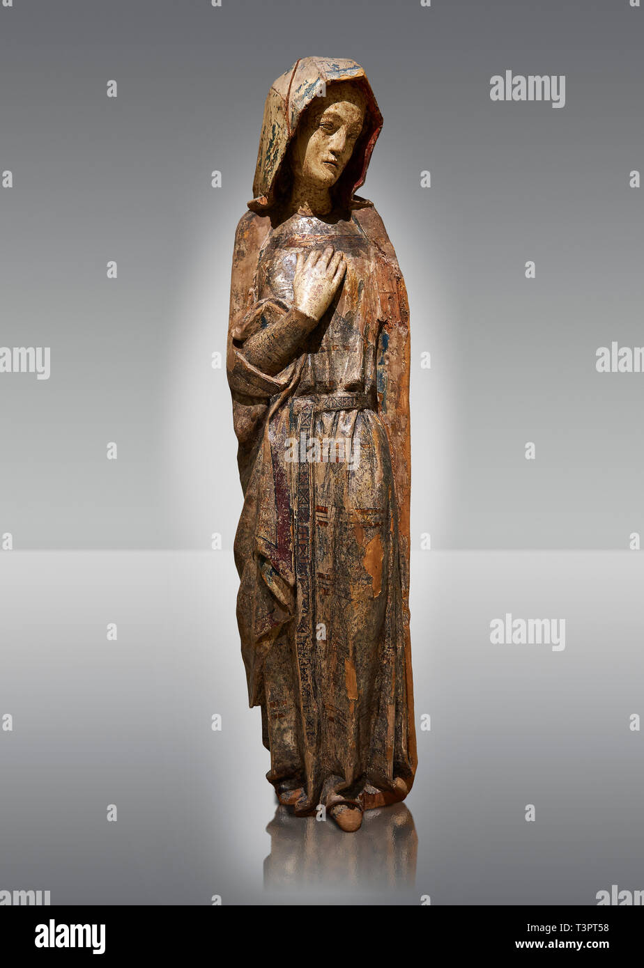 Jungfrau Maria gotische Skulptur von einem Calvery Szene. Polychrome Holzschnitzerei mit bleibt aus lackiertem Blech. Nationalmuseum für katalanische Kunst, Bar Stockfoto