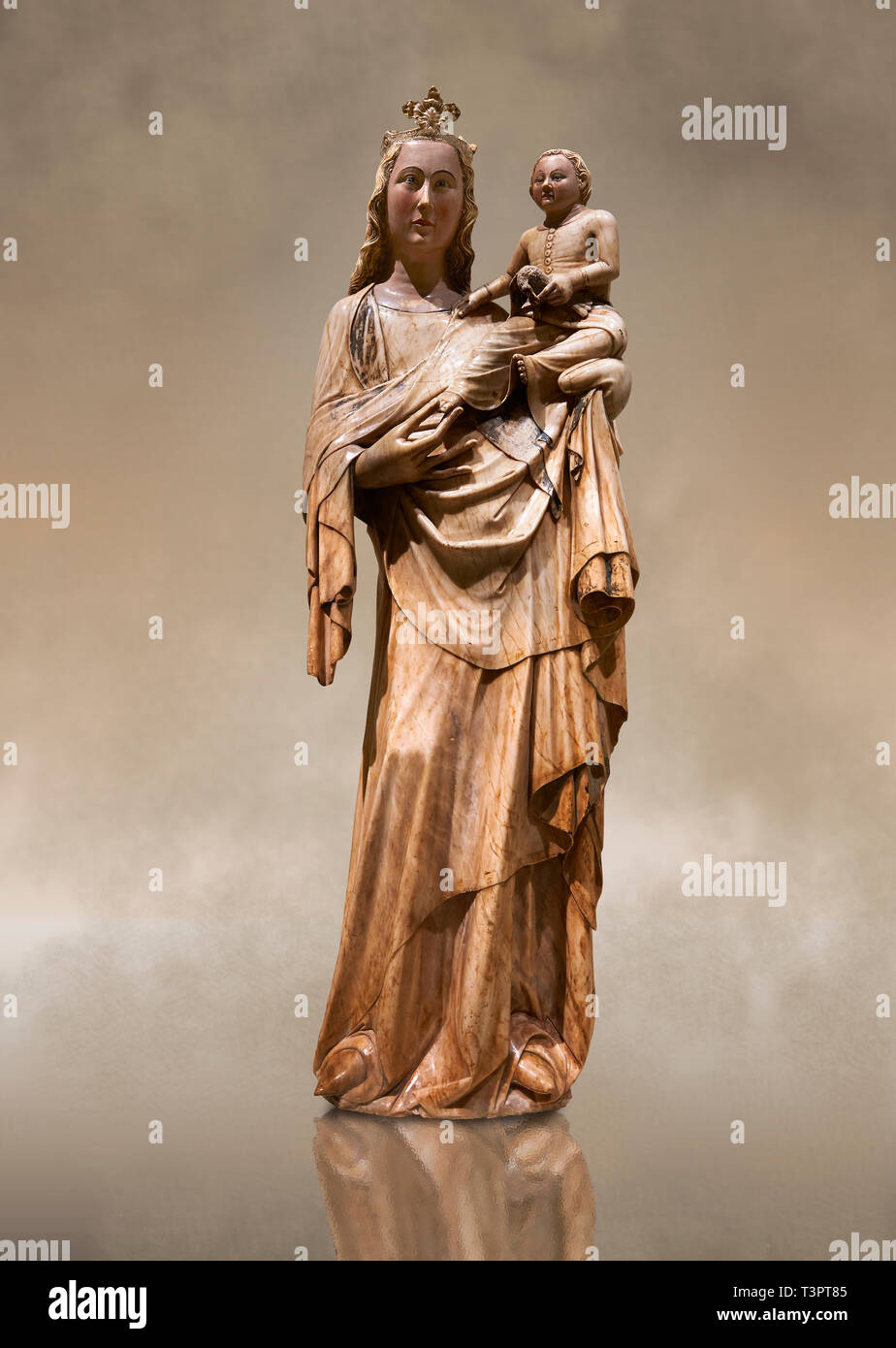 Gotische Holz Statue der Jungfrau und Kind von Tan anontmous katalanischen Künstlers. Geschnitzte Alabaster mit Resten von Polychrome und Blattgold. Datum 2. Halbjahr Stockfoto