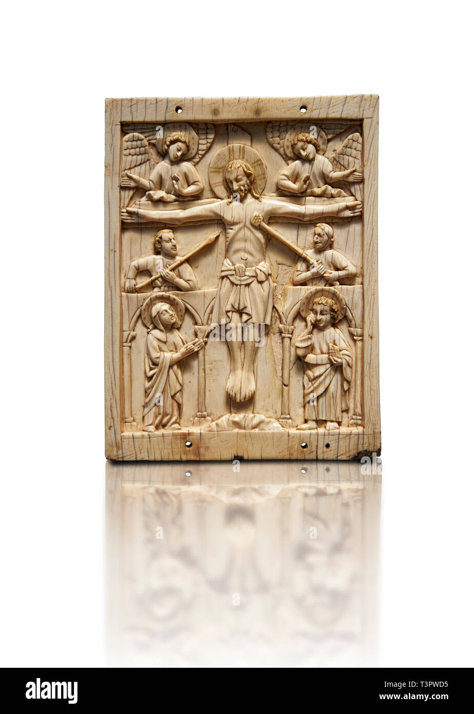Mittelalterliche elephant ivory Plakette mit Spuren von Farbe im Italien des 13. oder Anfang des 14. Jahrhunderts. Die Kreuzigung ist ein seltenes Beispiel einer Gehen Stockfoto
