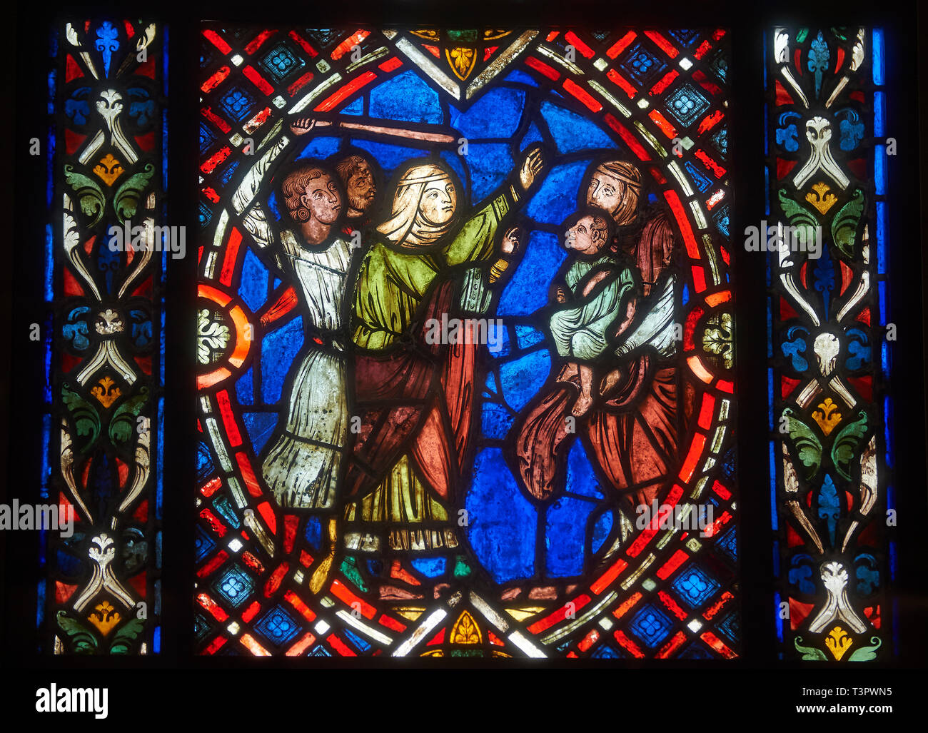 Glasfenster mit Szenen aus dem Leben des heiligen Blasius, im ersten Viertel des 13. Jahrhunderts von Soissons, Frankreich. Inv OAR Stockfoto