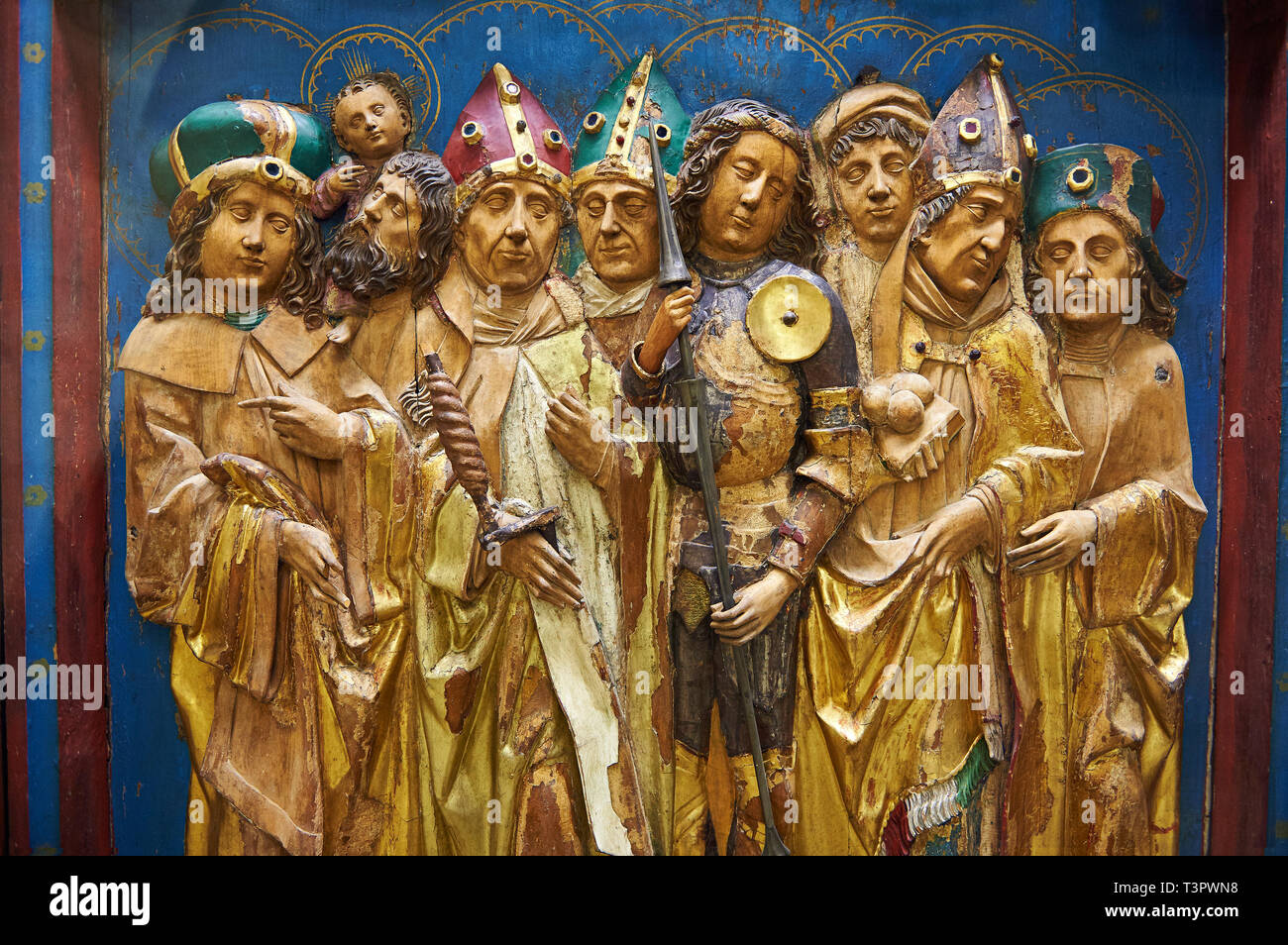 Gemalte gotische Holz- 14 Fürbitter altarbild am Ende des 15. Jahrhunderts in Franken. Das Panel darstellen 14 Heiligen insgesamt. Inv RF Stockfoto