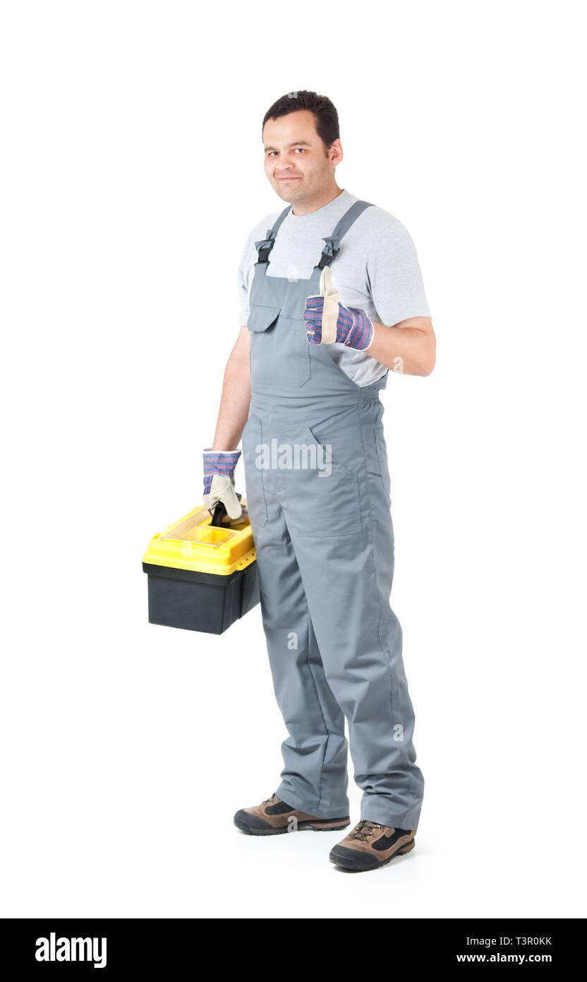 Home Reparatur Mann isoliert auf weißem Stockfoto