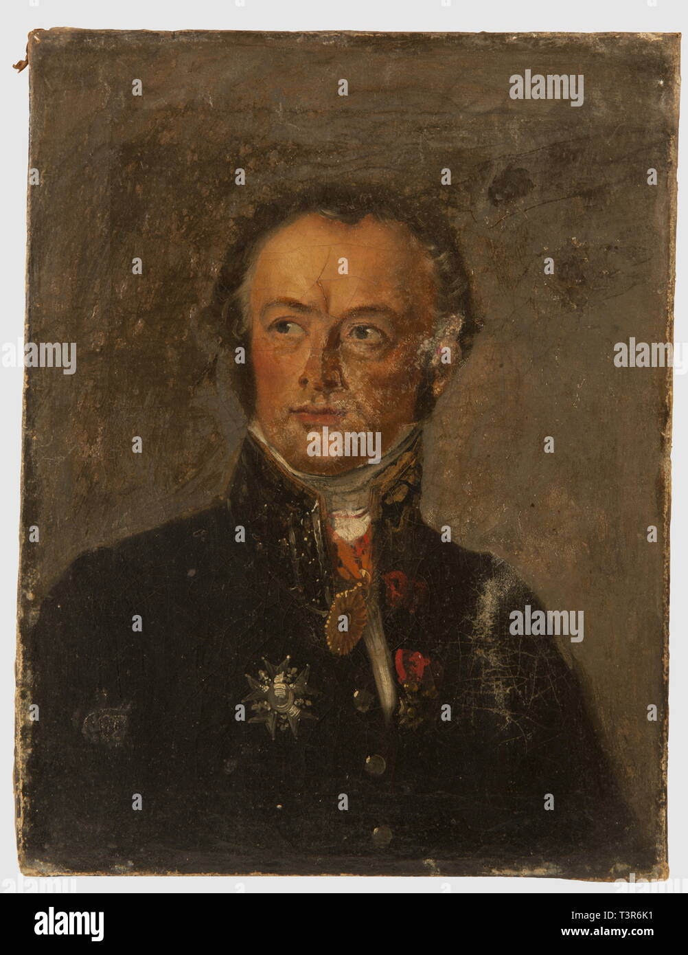 PREMIERE ET SECONDE RESTAURATION 1815-1848, Huile sur toile représentant Etienne-Jacques-Joseph-Alexandre Macdonald Duc de Tarente, Le Maréchal est ici en Gewohnheit Civil de Ministre sous la Seconde Restauration, Plusieurs ordres apparaissent sur son Gewohnheit, rappelons qu'il était Grand Chancelier de l'Ordre de la Légion d'Honneur, Grand-Croix de Saint-Louis, Commandeur de l'Ordre du Saint Esprit. Hauteur 35,5cm, largeur 27,5 cm. Etat moyen, Fortes frottement manques craquelures, Gleichheit, présentée dans son Cadre en bois doré d'époque, Artist's Urheberrecht nicht gelöscht werden Stockfoto