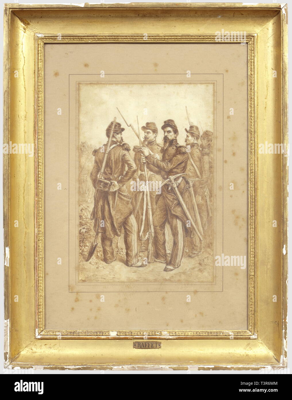 SECONDE RÉPUBLIQUE ET SECOND EMPIRE 1848-1870, Dessin original à la Plume (encre Sépia) du peintre Raffet, Représentant Les Soldats d'une unité de génie. Les Hommes sind en manteau - capote et sind équipés de Pikee, de Pelles et de leurs armés fusils, La Scène se passe Sous le Second Empire. Hauteur 28 cm, largeur 19 cm. Ensemble en Bon état, présenté sous Verre, Traces de piqûres sur le Dessin, cadre en bois doré d'époque, quelques manques à la Frise du Cadre, Artist's Urheberrecht nicht gelöscht werden Stockfoto