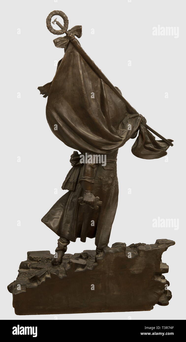 DIRECTOIRE - CONSULAT - EMPIRE 1795-1814, Le Général Bonaparte lors de la bataille d'Arcole, imposante Statue en Bronze inspirée du célèbre tableau de Gros (conservé à Versailles), Le Général Bonaparte est Ici, saisissant représenté de Pied de sa Main Gauche le Drapeau du 2 ème Bataillon de la 51ème demi-Brigade et Mieter Sohn Sabre de la Main Gauche, il incite Les Soldats à le suivre afin de traverser le Pont. Sans coiffure, il porte Sohn uniforme d'officier Général, sa ceinture - écharpe sur laquelle se vient placer Sohn große ceinturon, Ses bottes à-retro, Artist's Urheberrecht nicht geklärt zu werden. Stockfoto