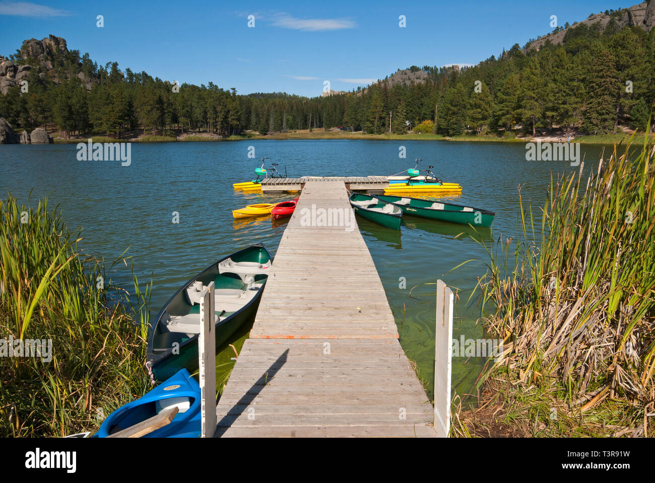 Hölzerne Seebrücke mit Kanus und Kajaks in Sylvan Lake, Custer State Park, South Dakota, USA Stockfoto