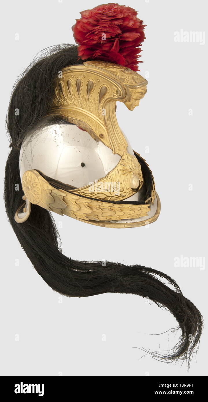 TROISIEME REPUBLIQUE 1870-1914, Casque d'officier de Drachen modèle 1872-74, Casque plaqué Argent au 1/10ème avec garnitures en laiton Doré, Bandeau avant à la Grenade entouré de Zweige et feuilles de Laurier sur fond Sablé-sur-Sarthe, cimier avec Tête de méduse à l'avant et garnitures de Palmetten séparées latérales composées par les Feuilles d'eau, Bordüre de laiton Doré sur tout le Pourtour, et de 2 Parteien nuquière rivetées par les Clous en cuivre. Crinière de Crin noir avec sa Tresse centrale et son Lacet de serrage arrière, jugulaires spécifiques du, Additional-Rights - Clearance-Info - Not-Available Stockfoto