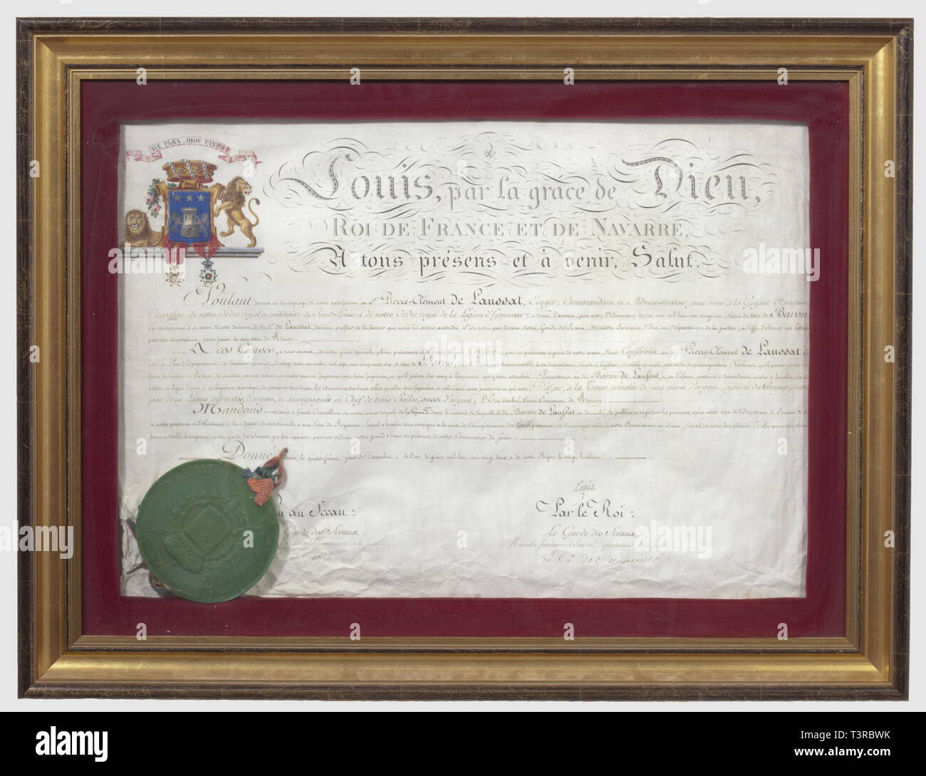 PREMIERE ET SECONDE RESTAURATION 1815-1848, Brevet de Baron, Charles X. Dokument (sur parchemin) entièrement manuscrit, donnant Le Titre de Baron attribué par le Roi Charles X à Pierre Clément de Laußat, écuyer Kommandant et administrateur de Guyane donné à Paris Le 14. Dezember 1822, Signatur du Garde des sceaux et Signature autographe du Roi Charles X, très Beau et wichtig Blason peint sous Couronne et konzipieren, présenté par des Lions et orné des ordres du récipiendaire (Légion d'Honneur et Croix de St Louis) Wichtige sceau de cire Verte. Hau, Additional-Rights - Clearance-Info - Not-Available Stockfoto