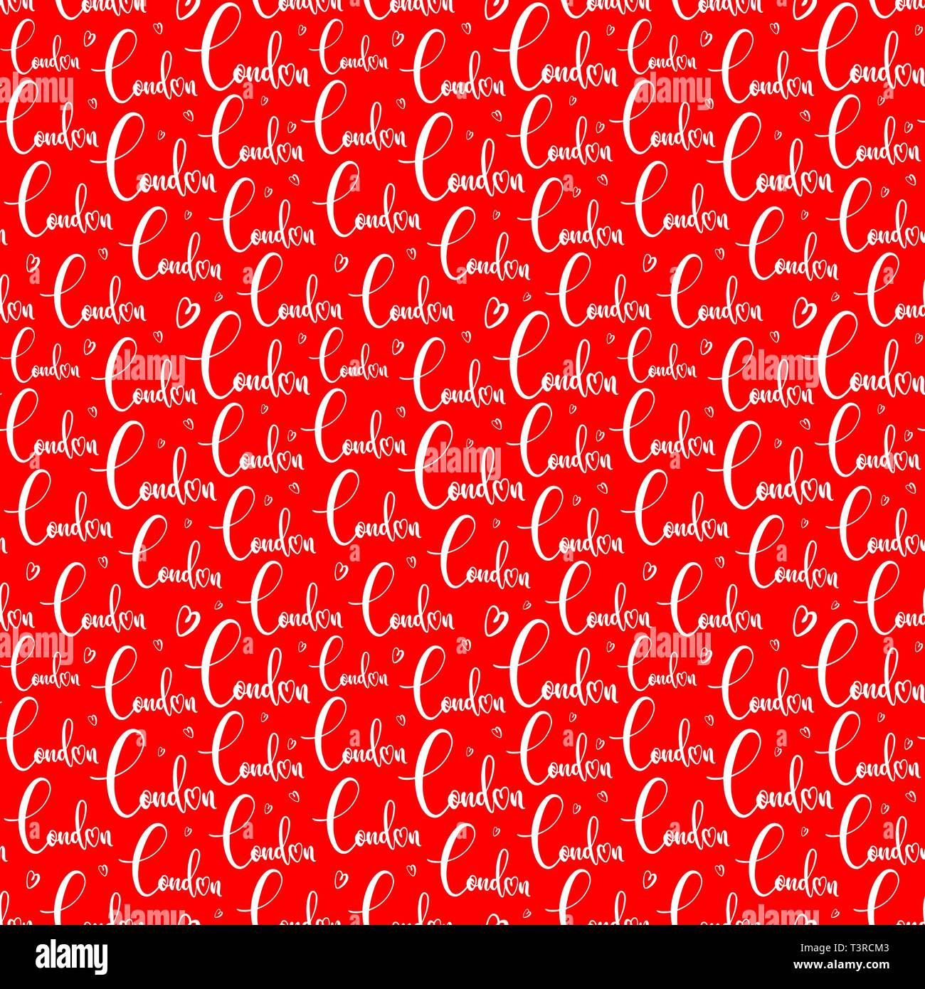 Handlettering London Muster. Nahtlose Muster mit dem Namen der Stadt auf roten Hintergrund. Moderne Pinsel Kalligraphie. Hand gezeichnet Ornament für Geschenkpapier Stock Vektor