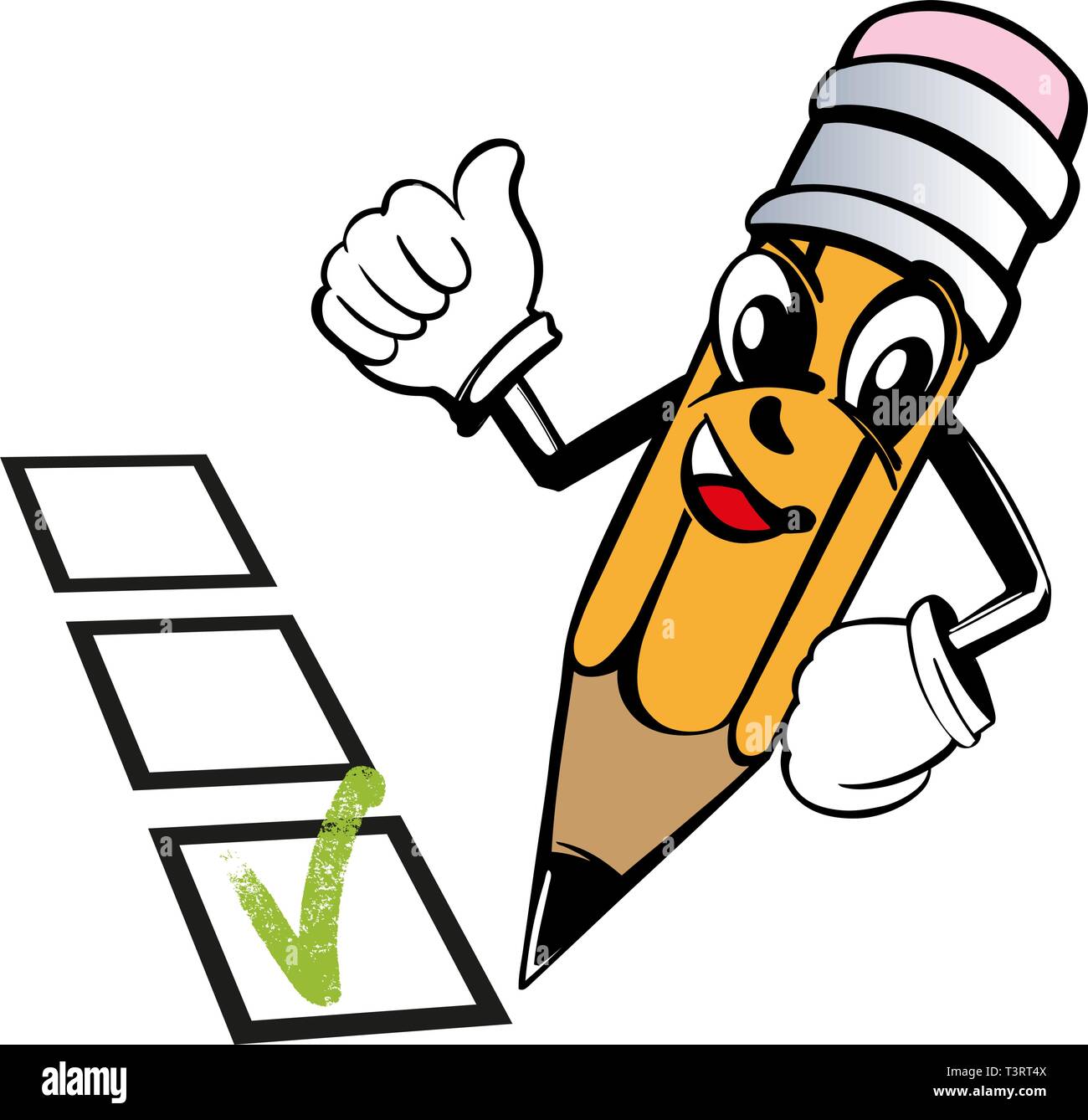 Cartoon Bleistift drückt Emotionen wie, aktivieren Sie Ja, Abstimmung, Test, Vector Illustration Skizze Stock Vektor