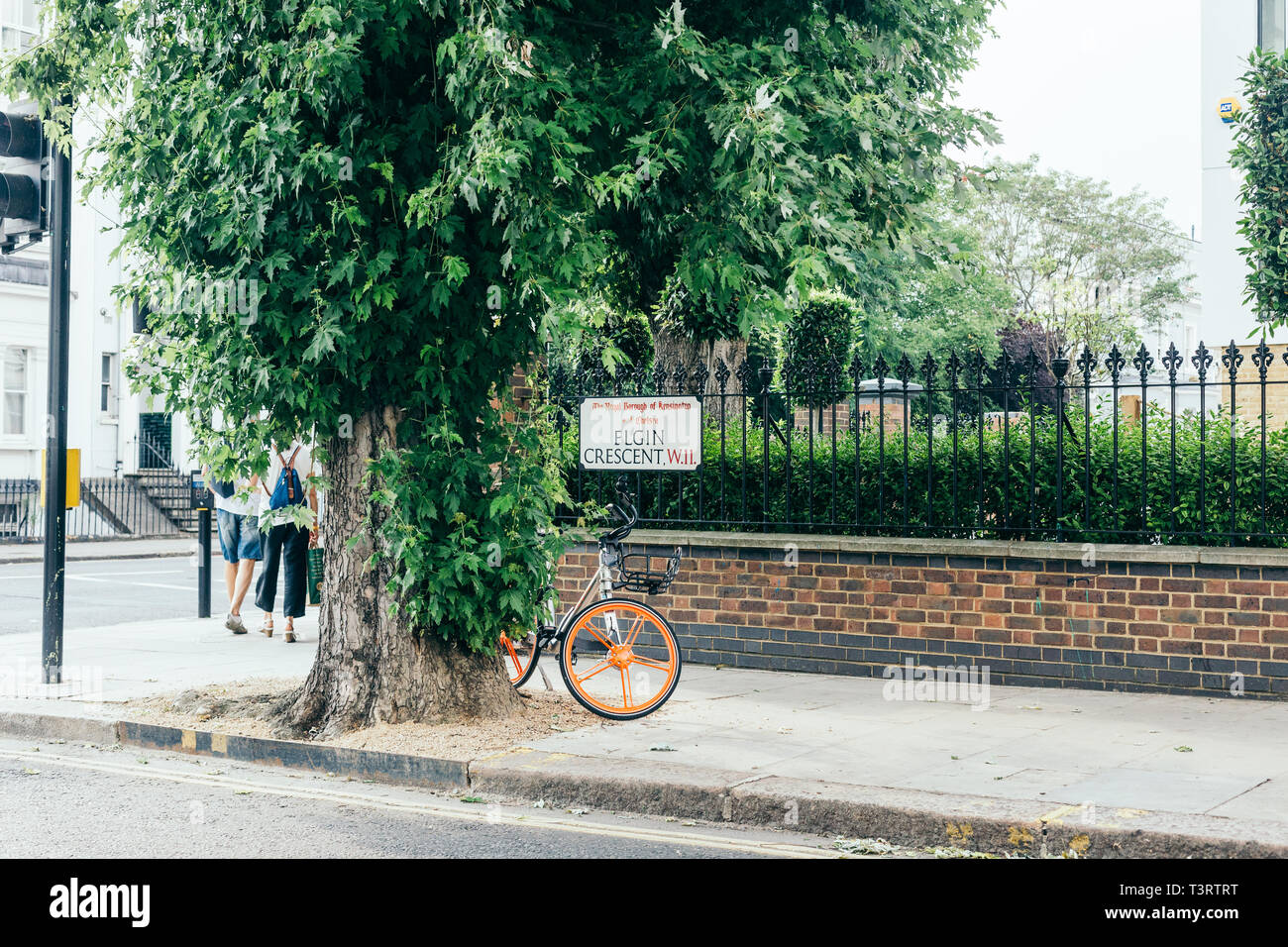 London/Großbritannien - 20. Juli 2018: Elgin Crescent Name Zeichen auf den Zaun des Garten in Notting Hill, London, UK Stockfoto