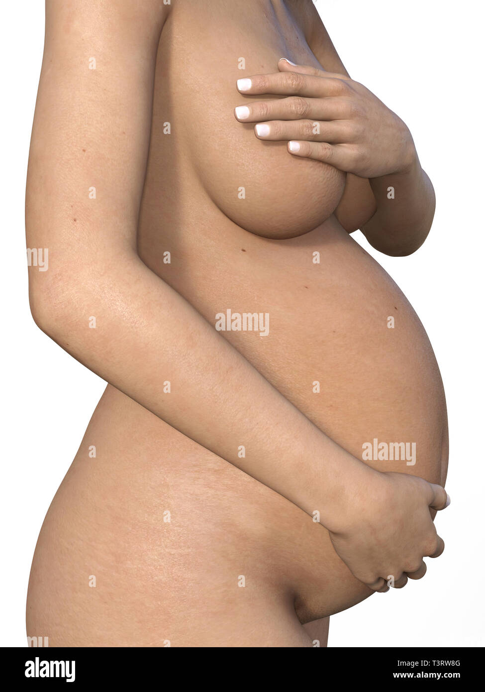 Schwangere Frau ihren grossen Bauch berühren. Close Up. Mutterschaft, Schwangerschaft, Menschen und Erwartung Konzept. Schwangere Frau Baby erwarten Stockfoto
