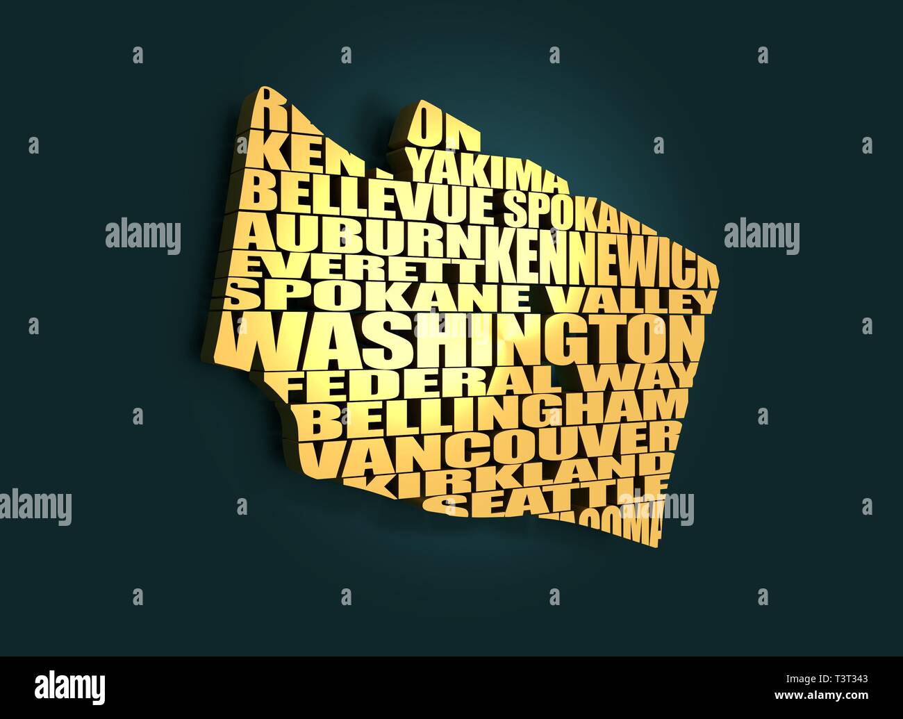 Wort Wolke Karte von Washington State. Städte Liste Collage. Golden Material. 3D-Rendering Stockfoto